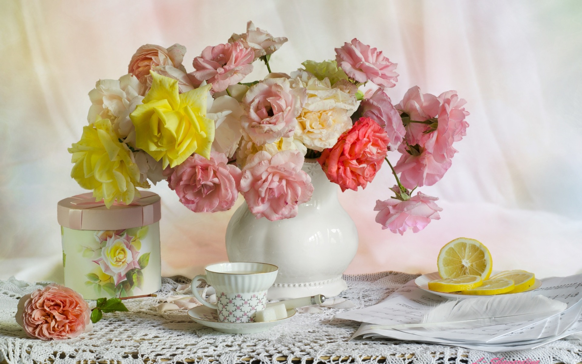 Free download wallpaper Food, Still Life, Flower, Rose, Cup, Bouquet, Lemon, Vase, Tea on your PC desktop