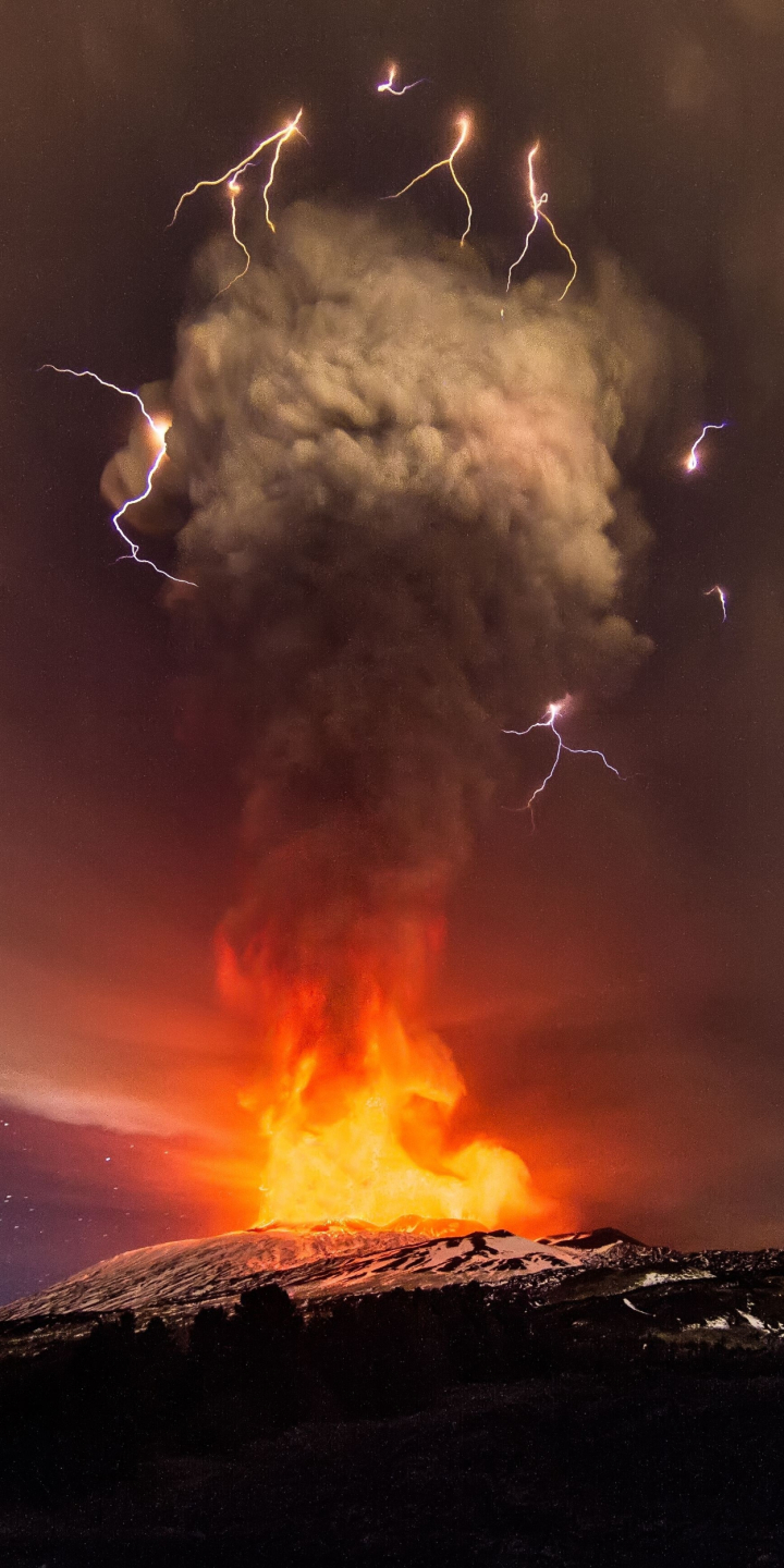 Download mobile wallpaper Fire, Lightning, Earth, Cloud, Volcano, Volcanoes for free.