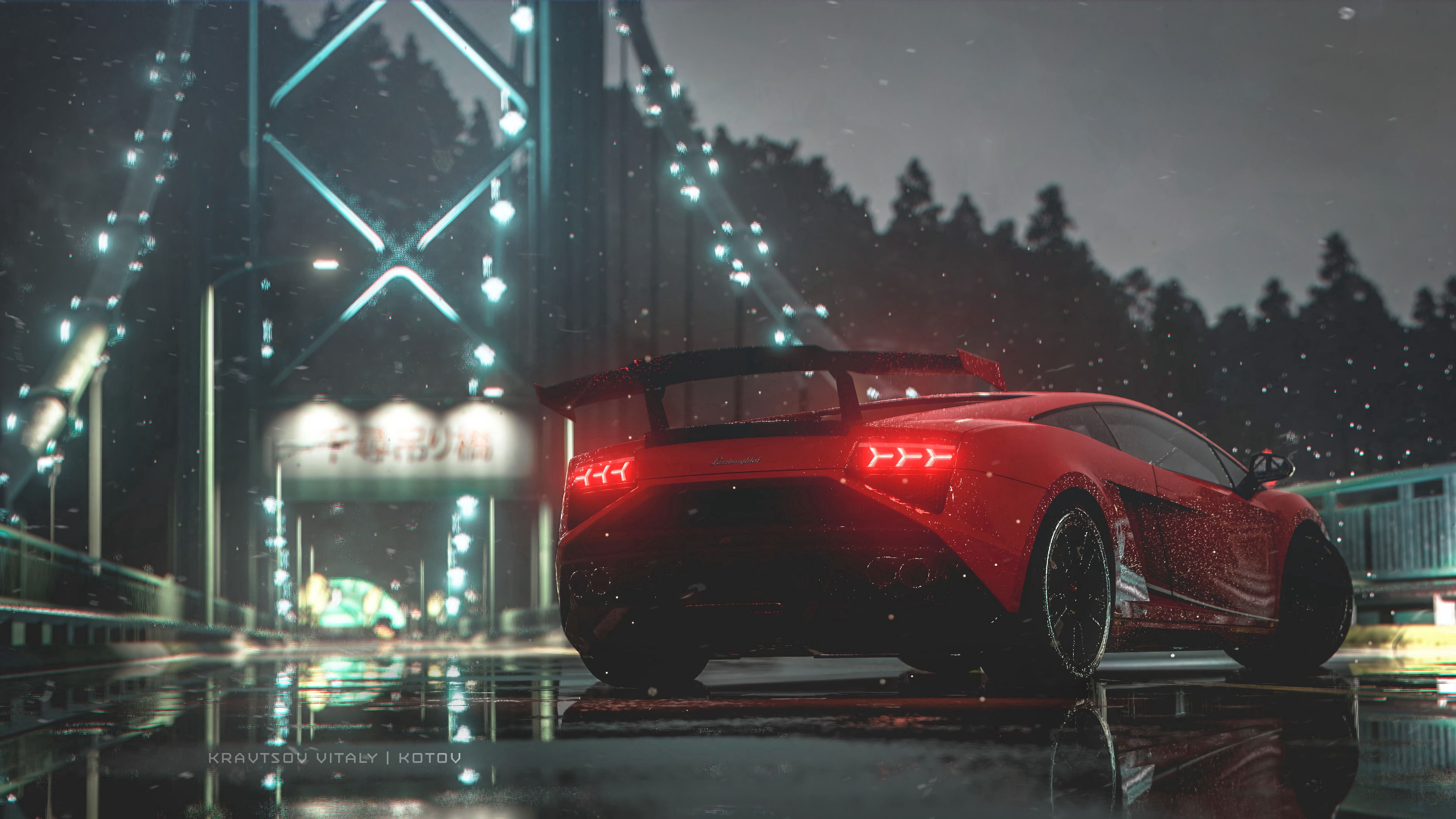 cars, side view, illumination, sports, red, wet, car, machine, backlight, sports car