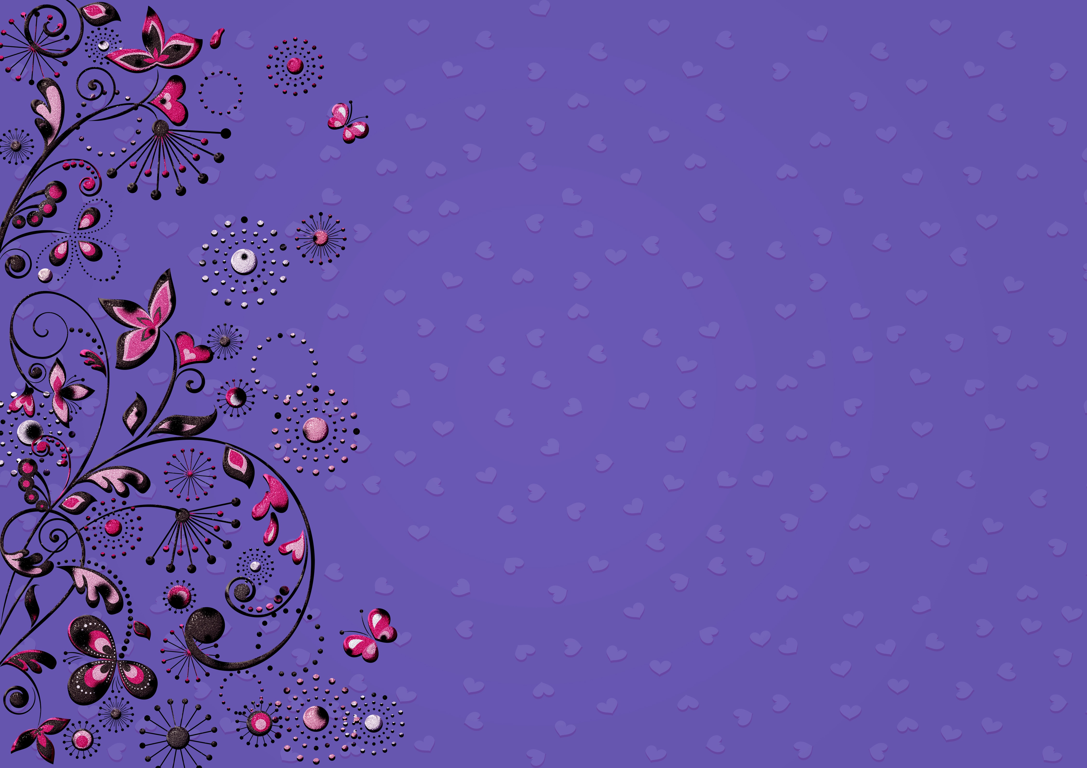 patterns, purple, butterflies, flowers, hearts, vector 4K for PC