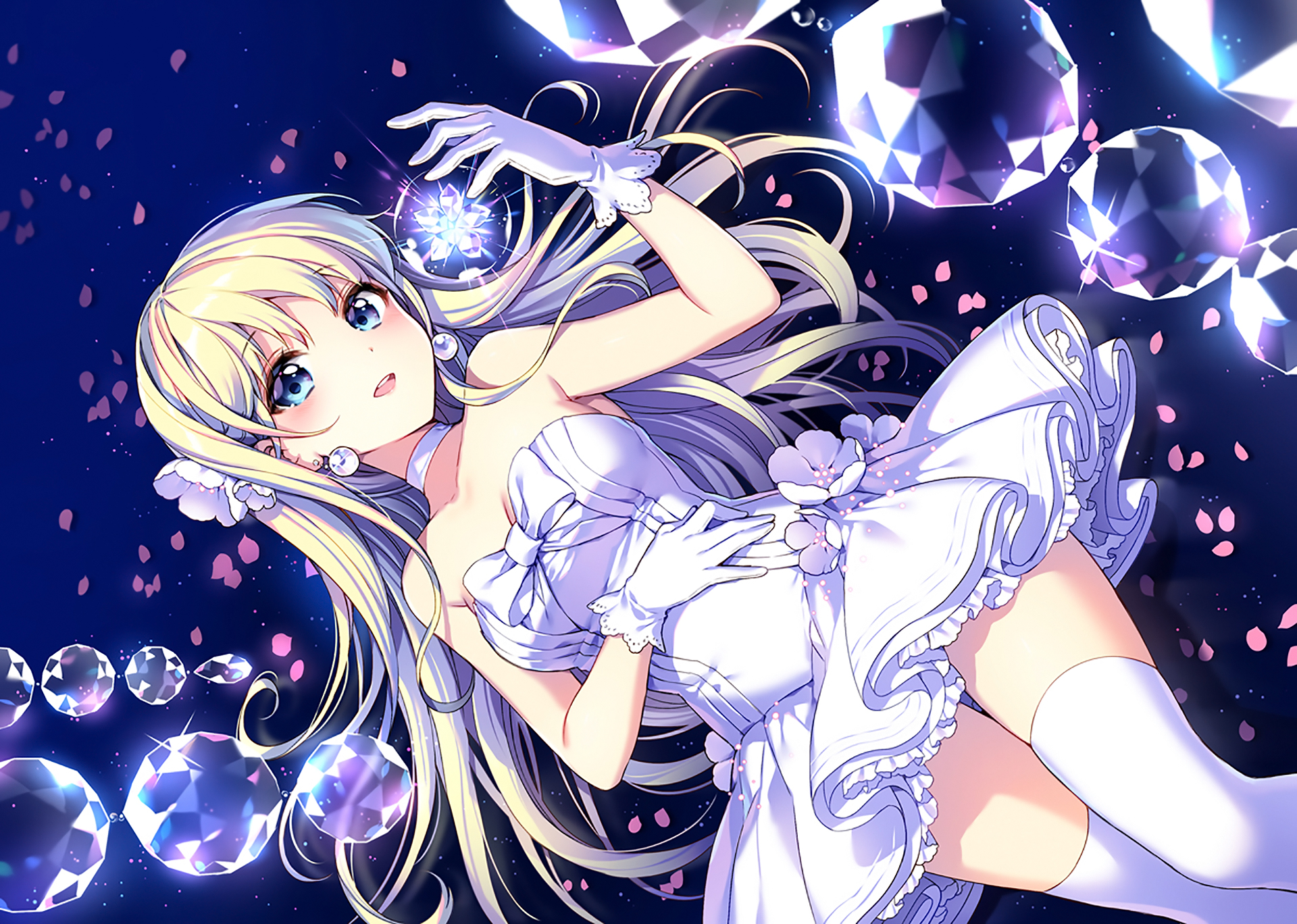 Laden Sie das Handschuh, Kleid, Blaue Augen, Original, Magisch, Blondinen, Animes, Oberschenkel Höhen-Bild kostenlos auf Ihren PC-Desktop herunter