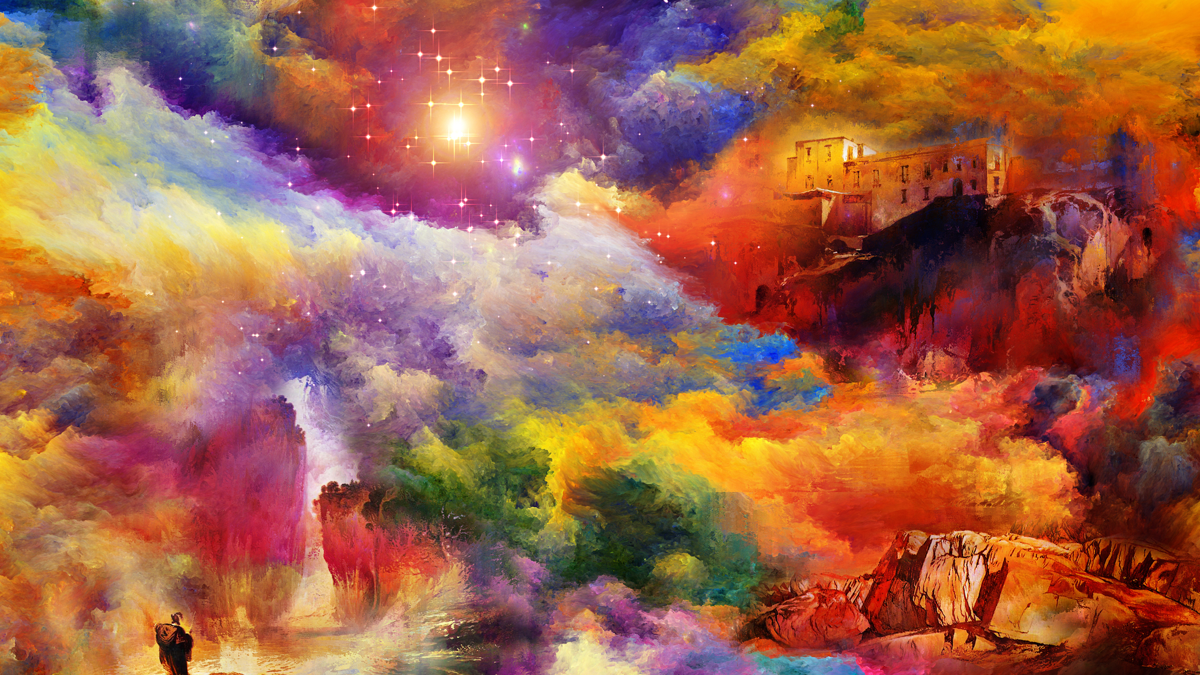 Free download wallpaper Fantasy, Smoke, Building, Colors, Space, Artistic on your PC desktop