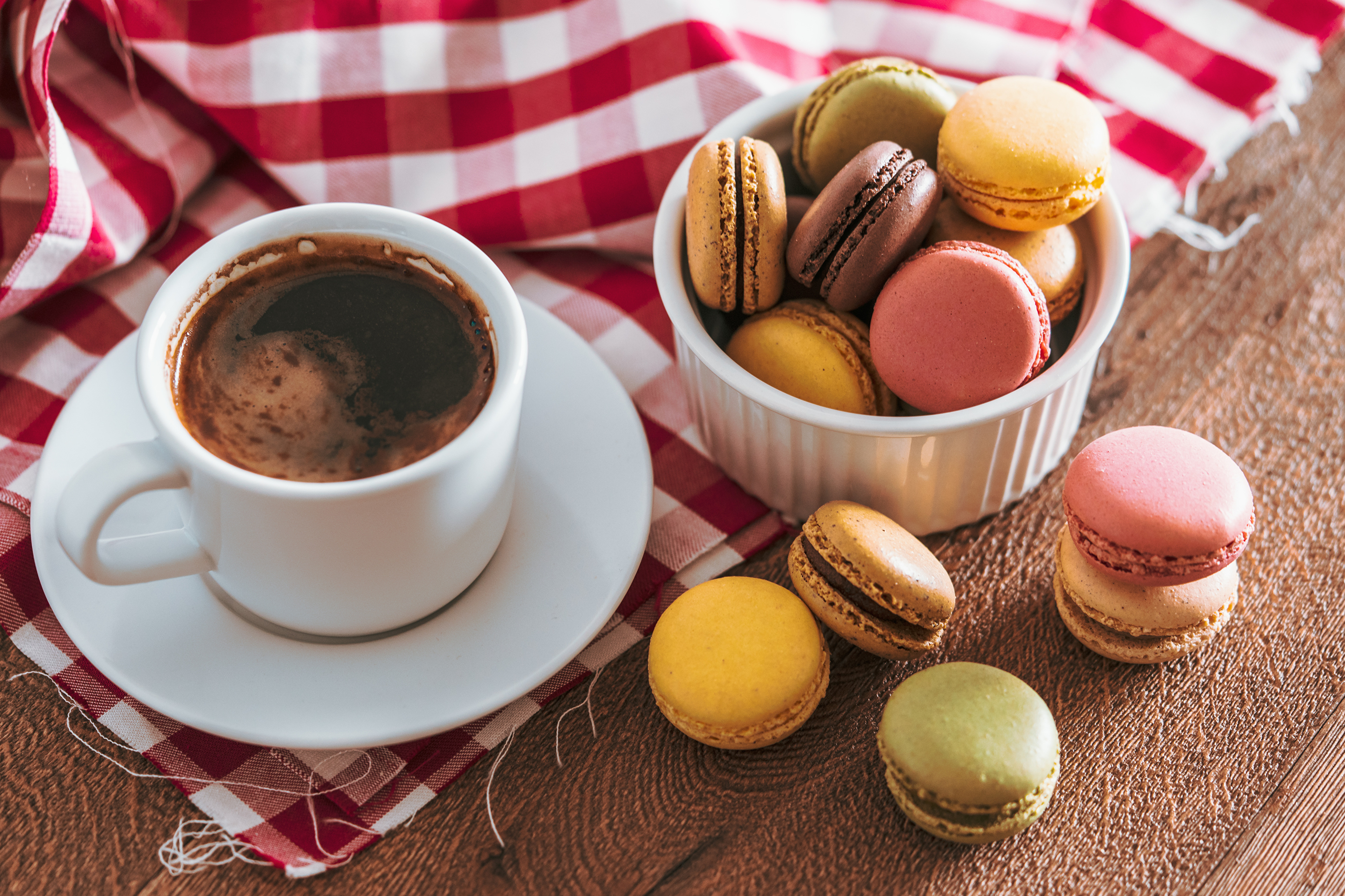 Download mobile wallpaper Food, Coffee, Cup, Drink, Sweets, Macaron for free.