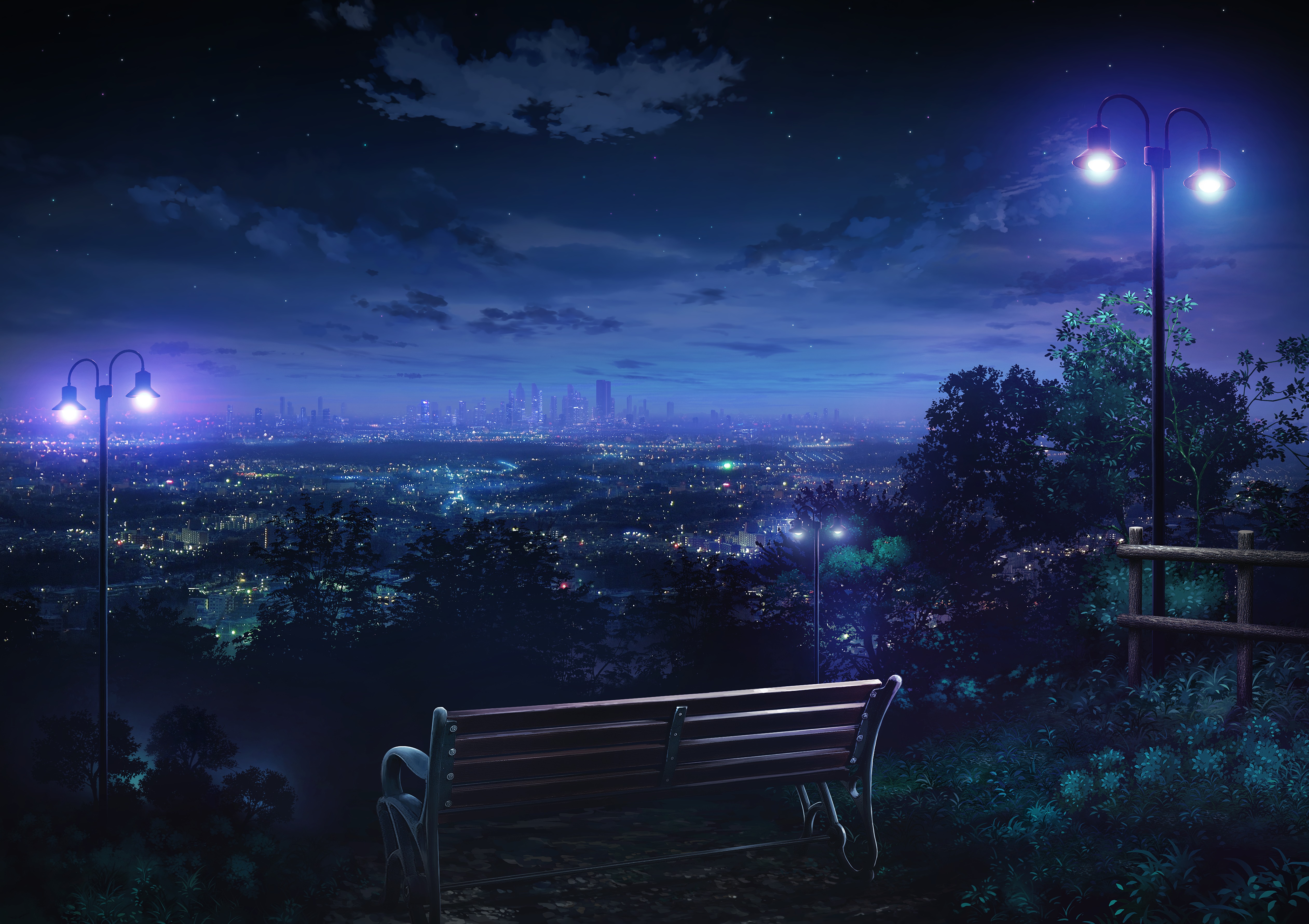 art, night city, overview, review, bench HD wallpaper