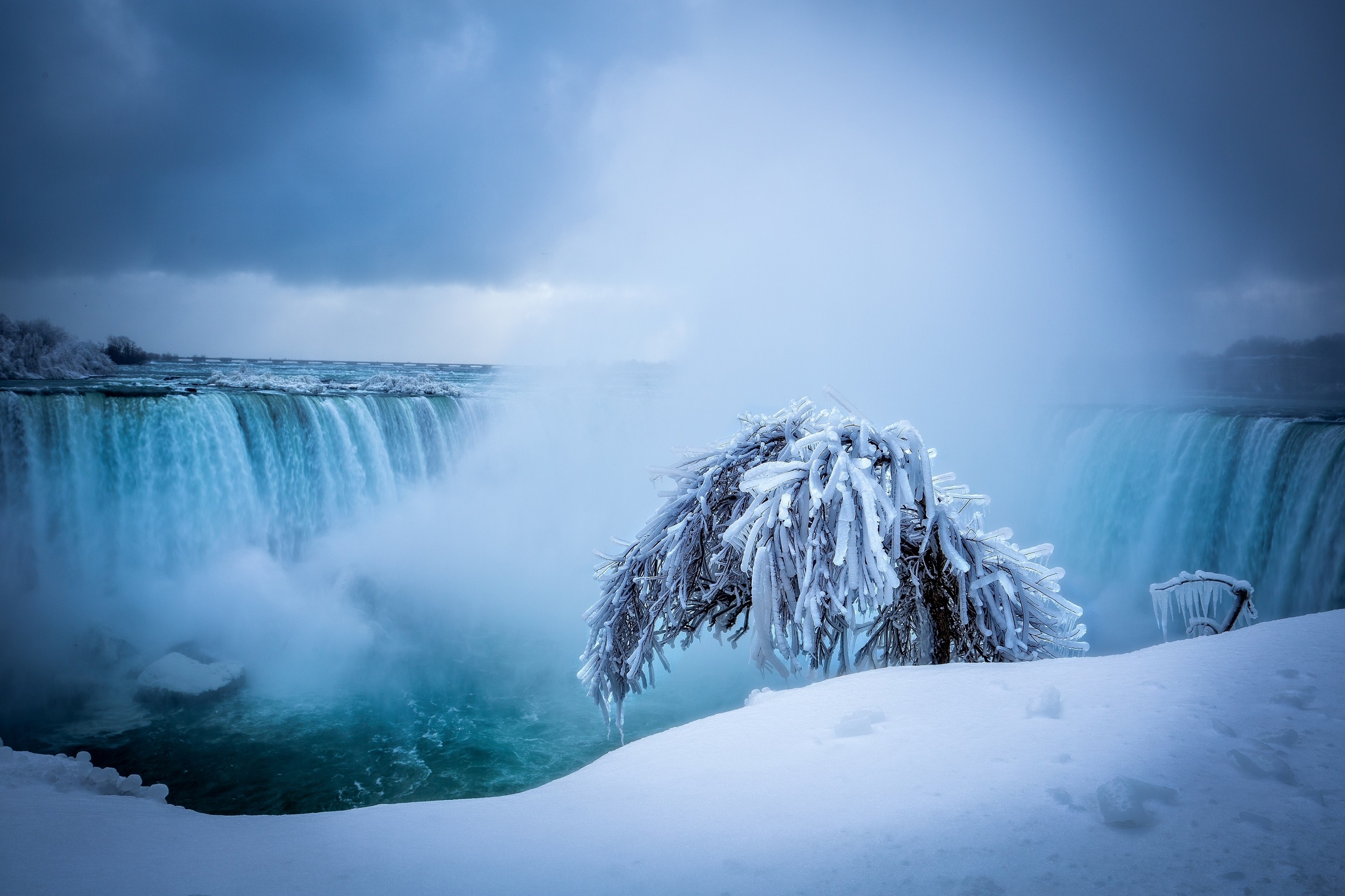 Download mobile wallpaper Winter, Ice, Waterfalls, Snow, Waterfall, Tree, Earth for free.