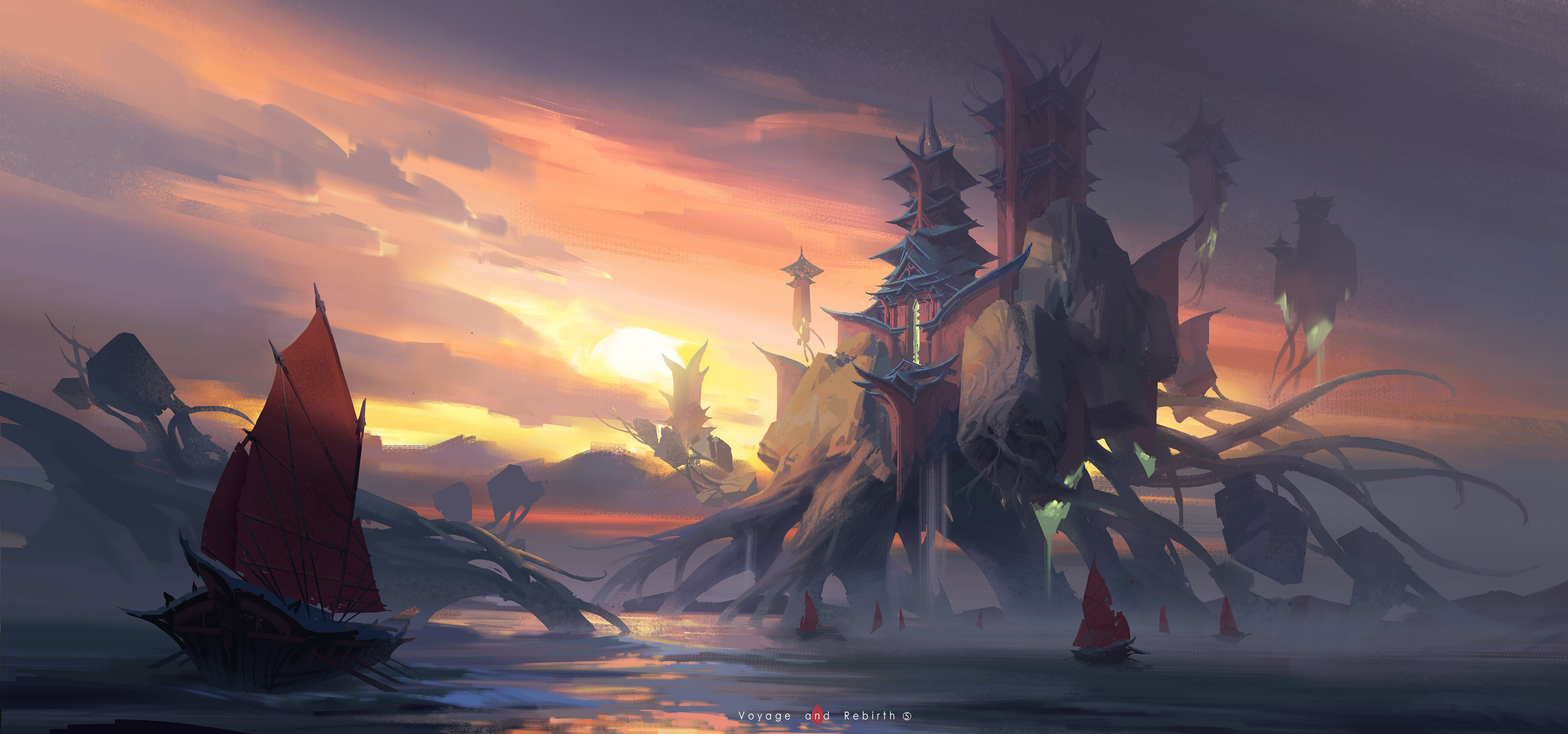 Free download wallpaper Fantasy, Castles, Sunrise, Boat, Castle on your PC desktop