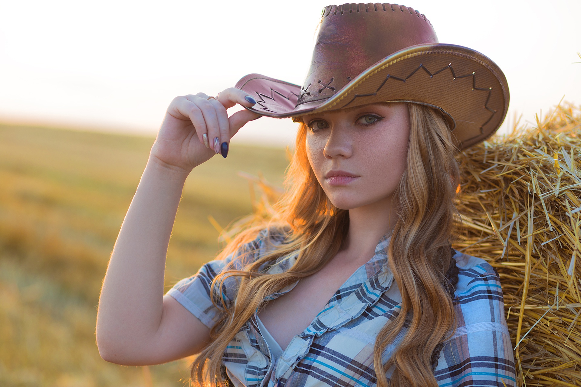 women, model, blonde, cowgirl, depth of field, hat
