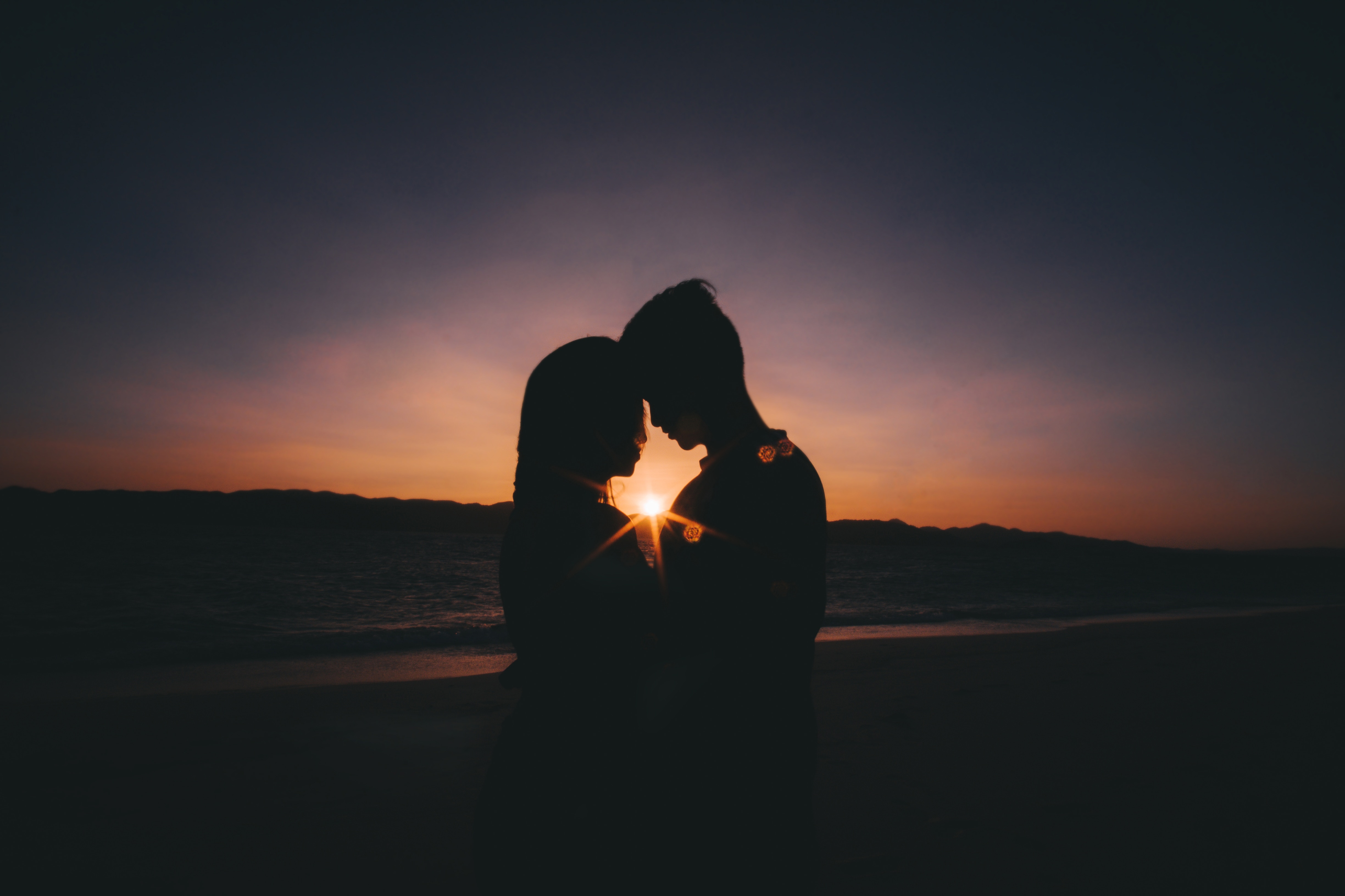 silhouettes, couple, sunset, sea, love, horizon, pair