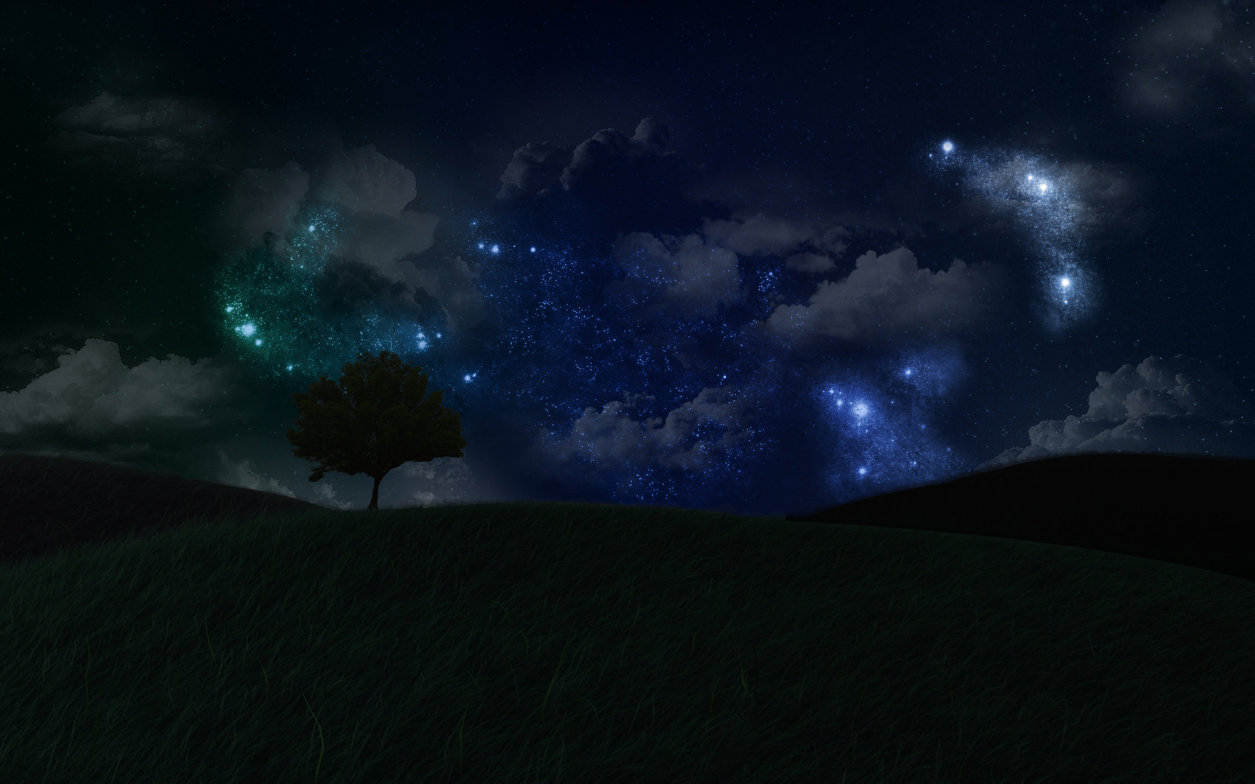starry sky, stars, landscape, night, artistic, tree FHD, 4K, UHD
