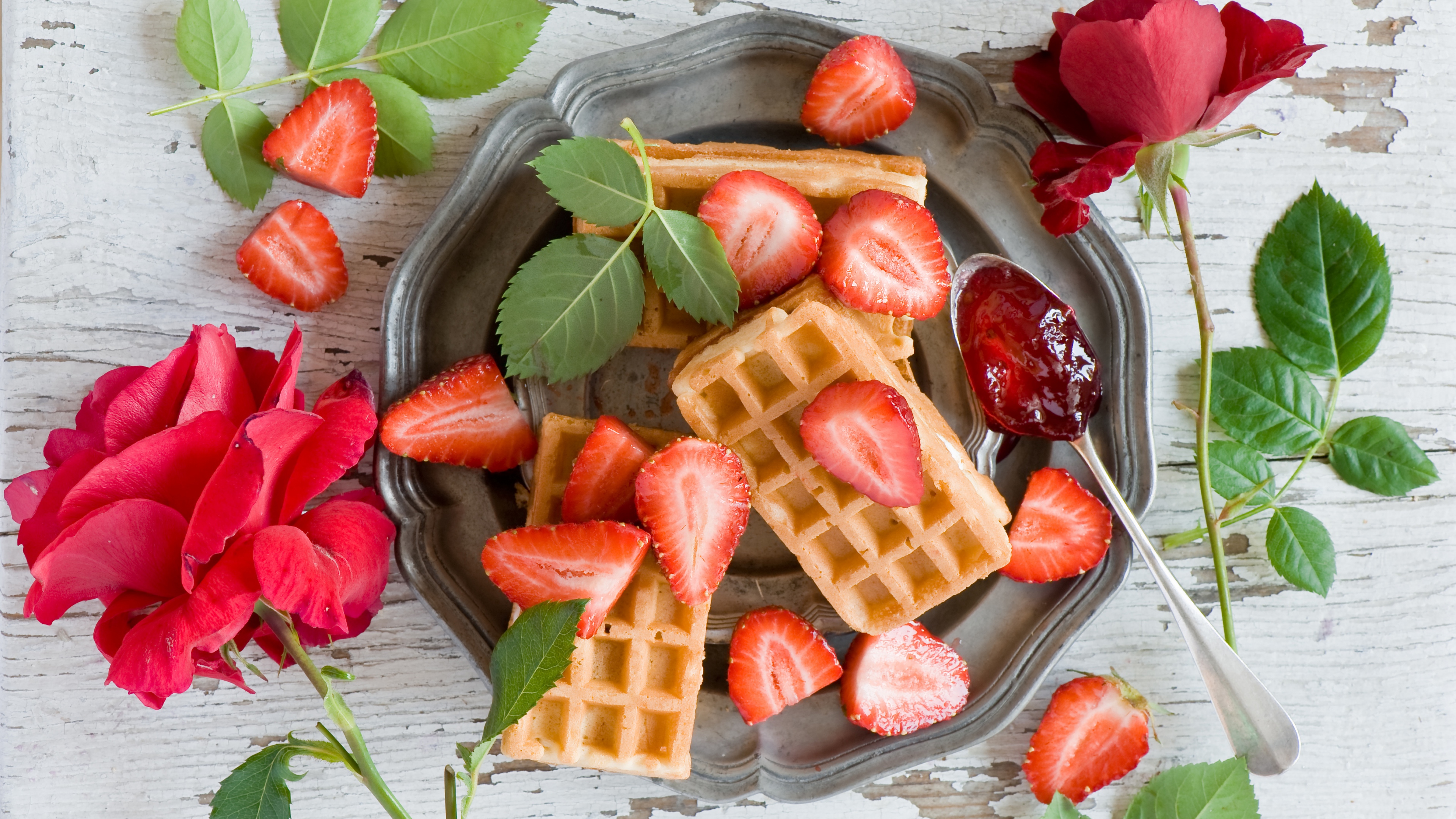 Download mobile wallpaper Food, Strawberry, Still Life, Flower, Berry, Fruit, Waffle, Breakfast for free.