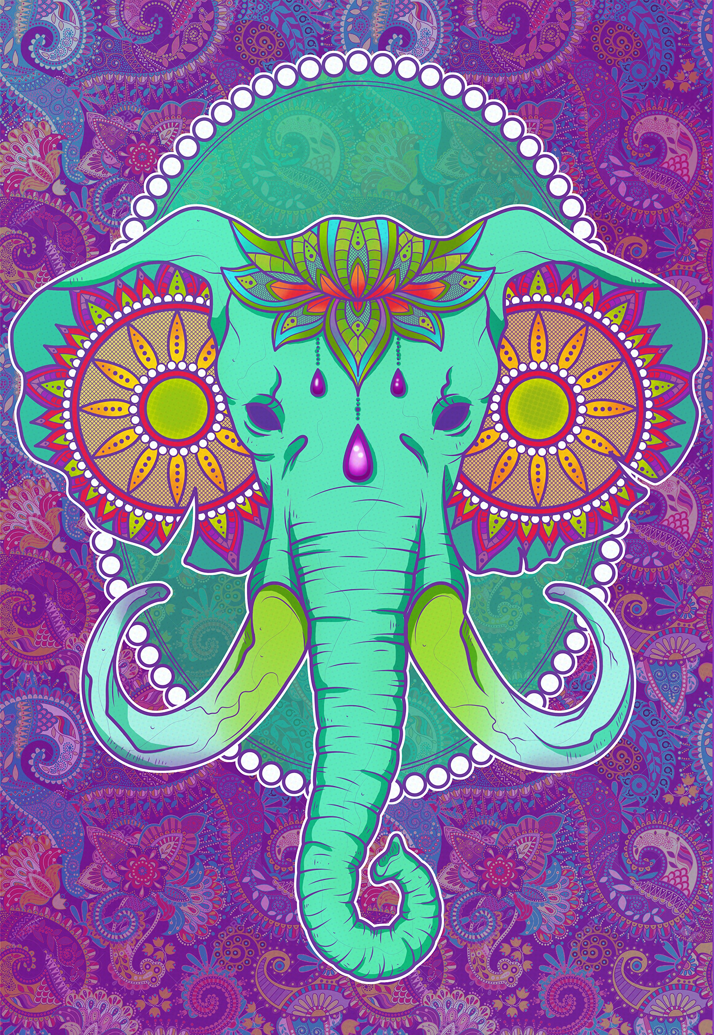 multicolored, patterns, motley, elephant, art Full HD