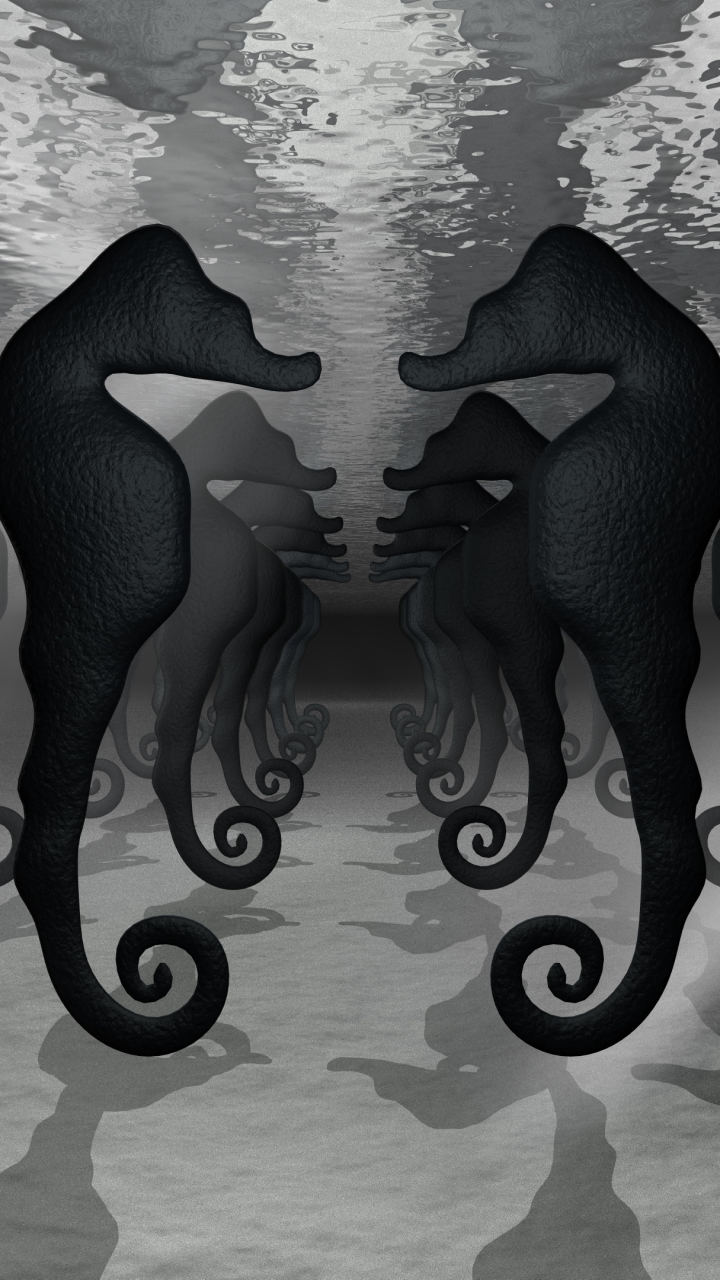 Download mobile wallpaper 3D, Artistic, Underwater, Surreal, Seahorse, Black & White, 3D Art for free.