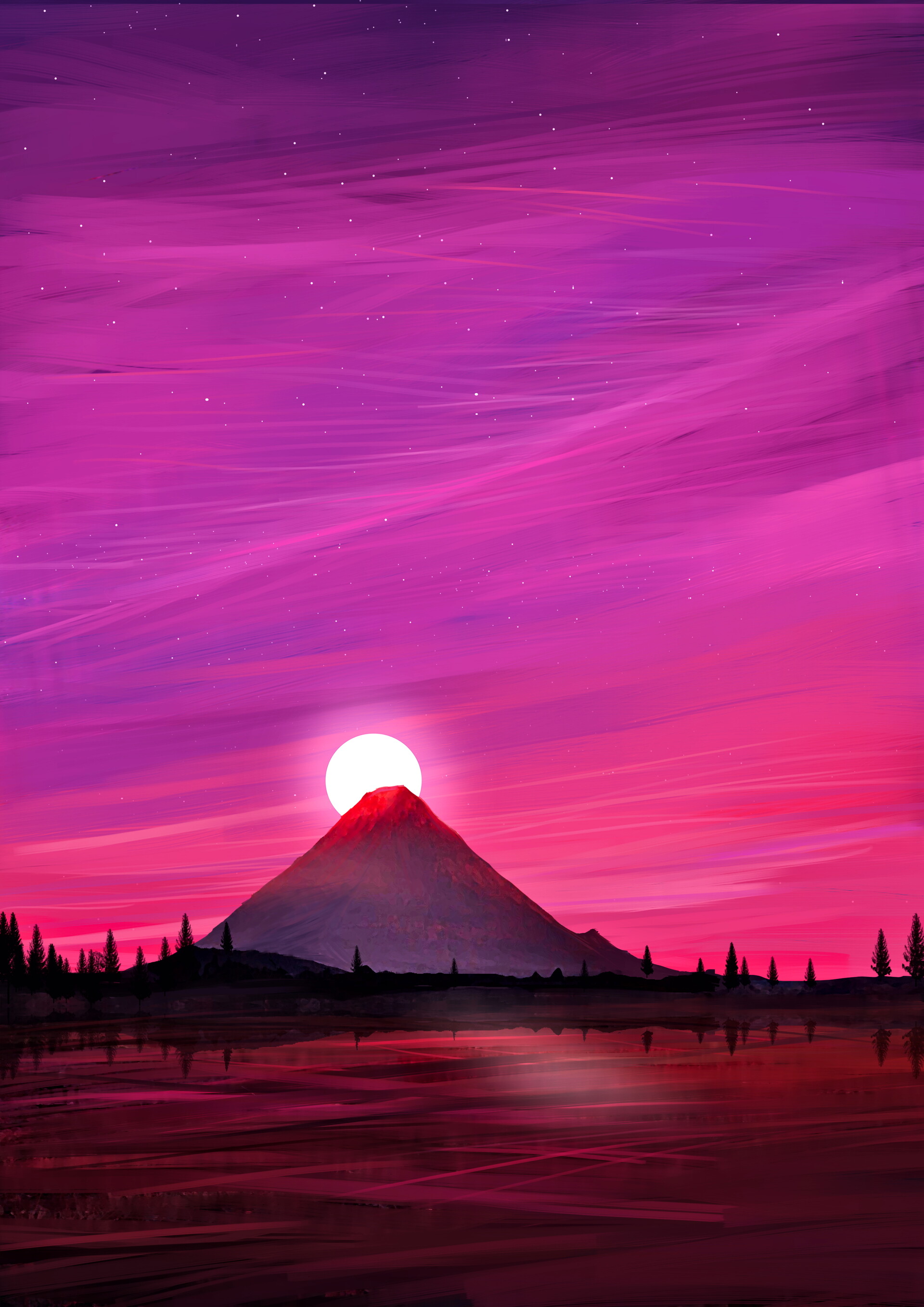 volcano, art, landscape, sunset, sun Aesthetic wallpaper