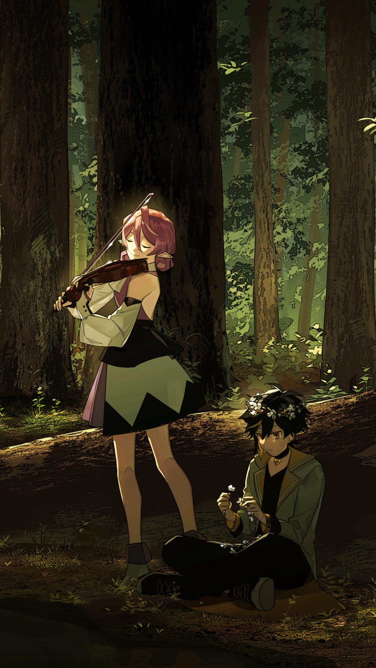 Download mobile wallpaper Anime, Forest, Violin, Original for free.