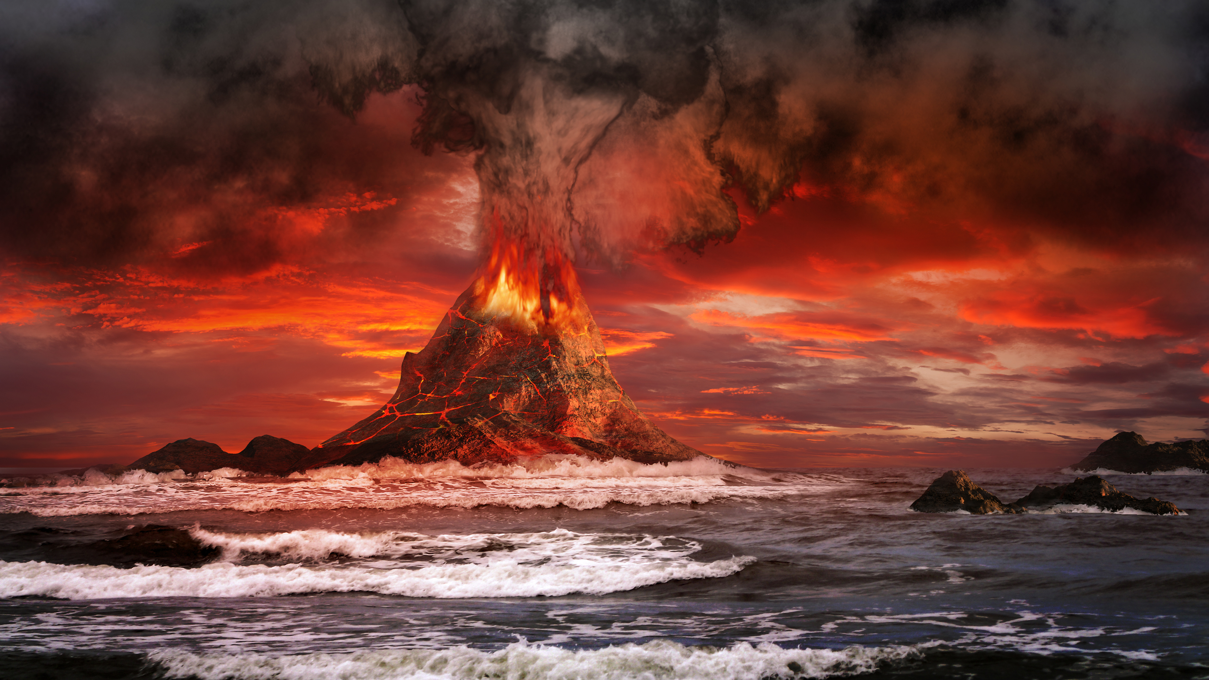 earth, volcano, fire, lava, ocean, smoke, volcanoes