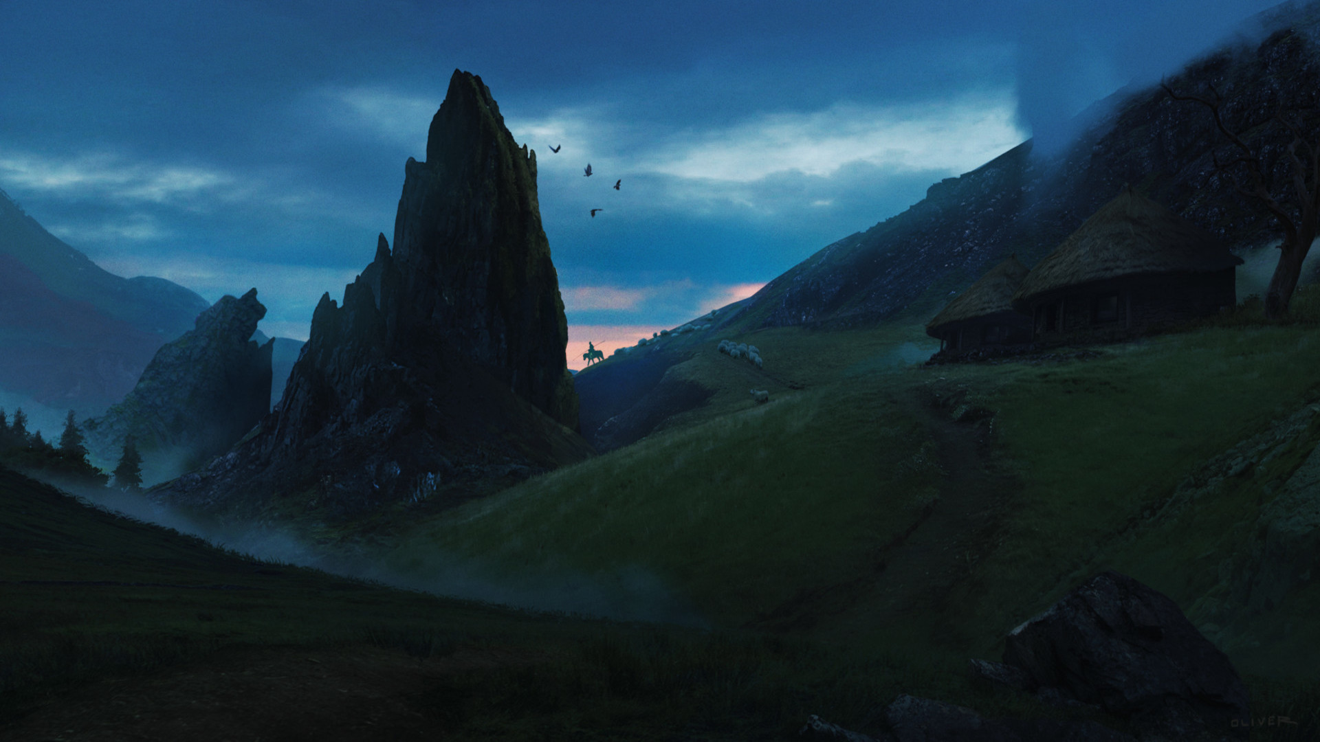 Free download wallpaper Landscape, Fantasy, Hill, Hut on your PC desktop