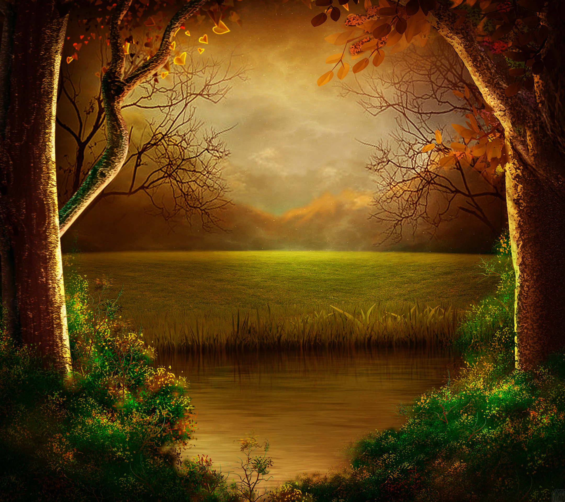 Free download wallpaper Fantasy, Flower, Forest, Tree, Fall, River on your PC desktop