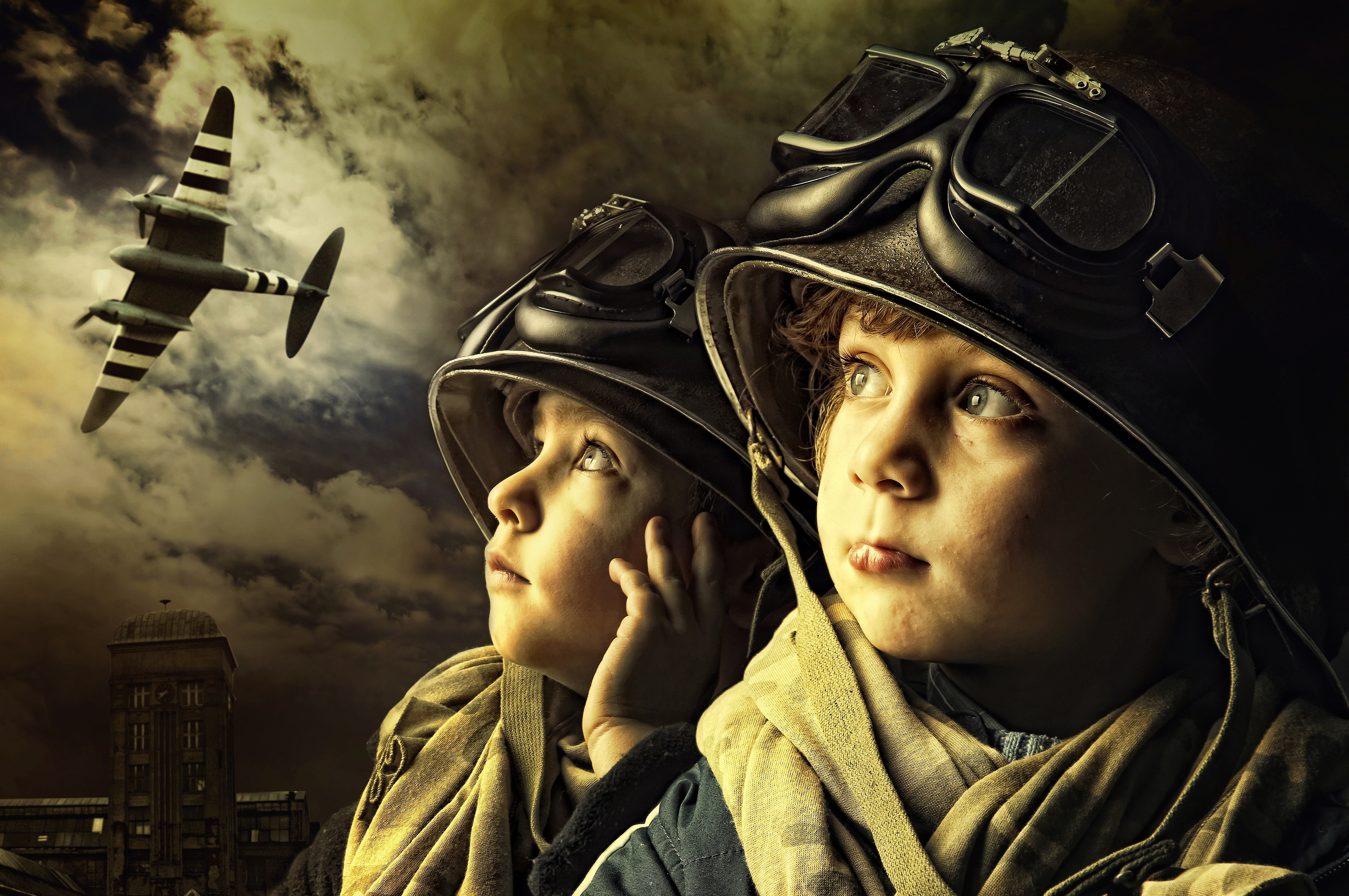 Download mobile wallpaper Helmet, Airplane, Child, Glasses, Photography, Manipulation for free.