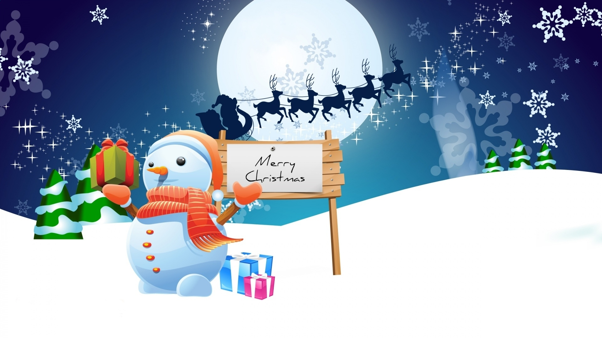 Desktop FHD holiday, christmas, gift, merry christmas, moon, night, reindeer, santa claus, sleigh, snow, snowman, stars, tree