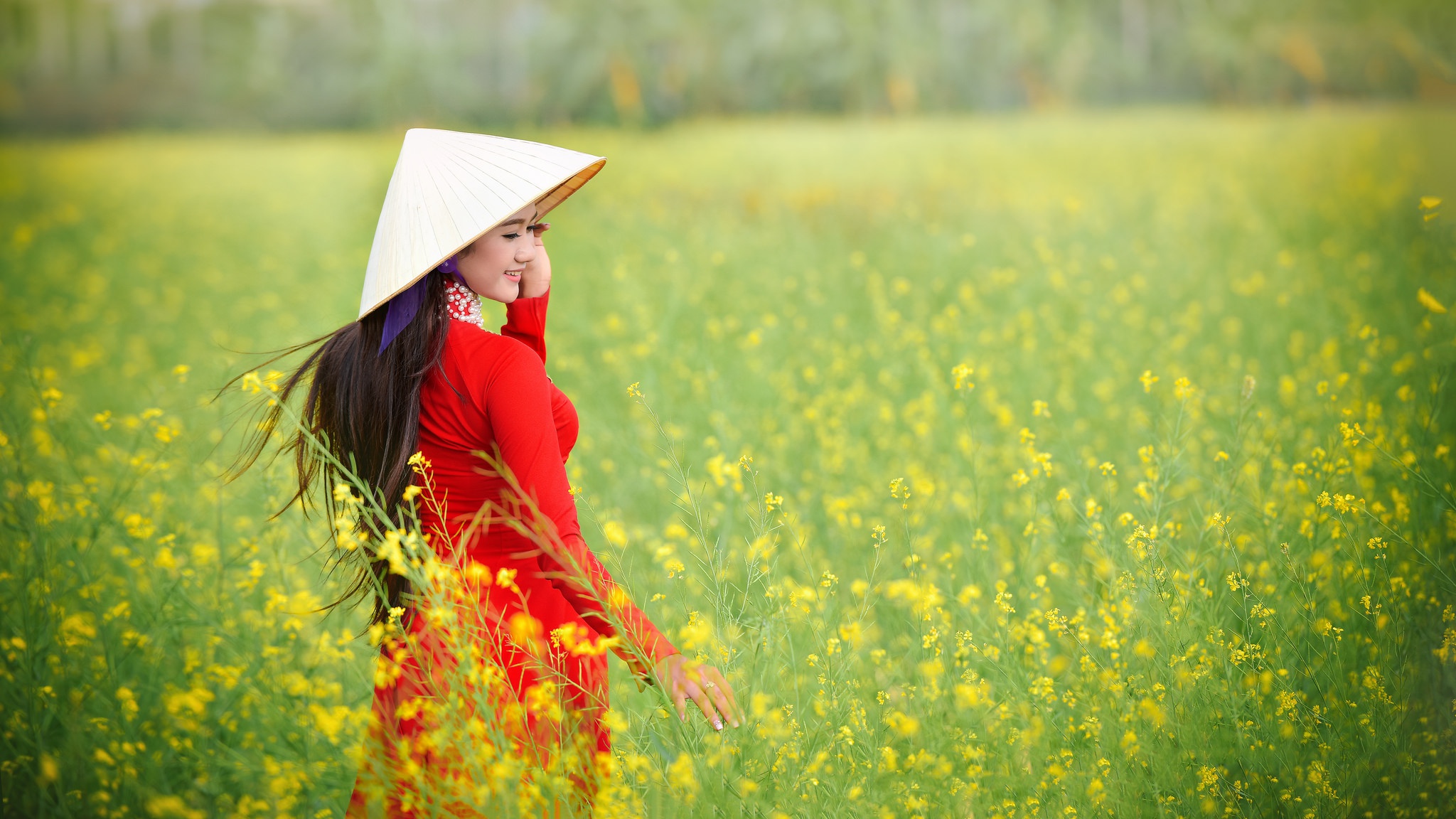Download mobile wallpaper Hat, Brunette, Model, Women, Yellow Flower, Asian, Long Hair, Red Dress, Depth Of Field for free.