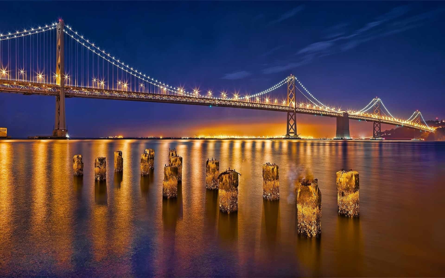 Laden Sie das Licht, Brücke, San Francisco, Nacht, Bucht Brücke, Brücken, Menschengemacht-Bild kostenlos auf Ihren PC-Desktop herunter