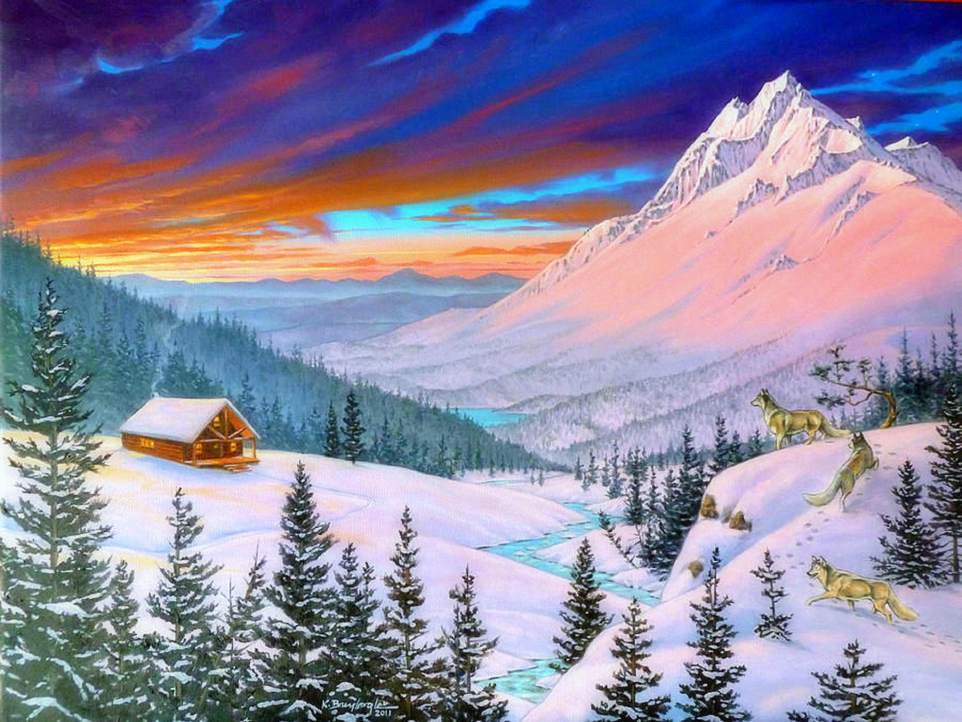 1501840 baixar papel de parede artistico, inverno, cabine, montanha, quadro, neve, lobo - protetores de tela e imagens gratuitamente