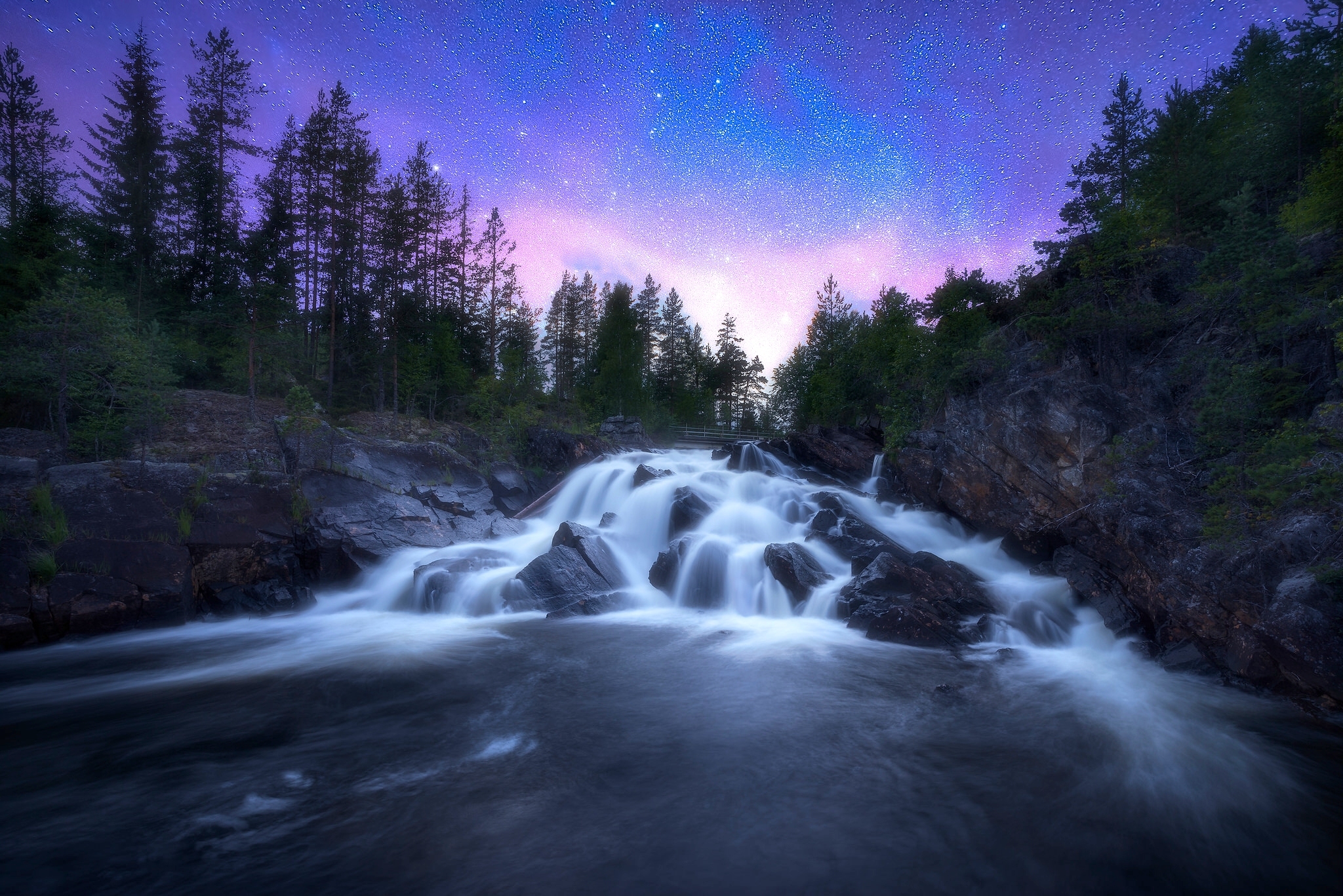 Download mobile wallpaper Sky, Stars, Waterfalls, Waterfall, Starry Sky, Earth, Norway for free.