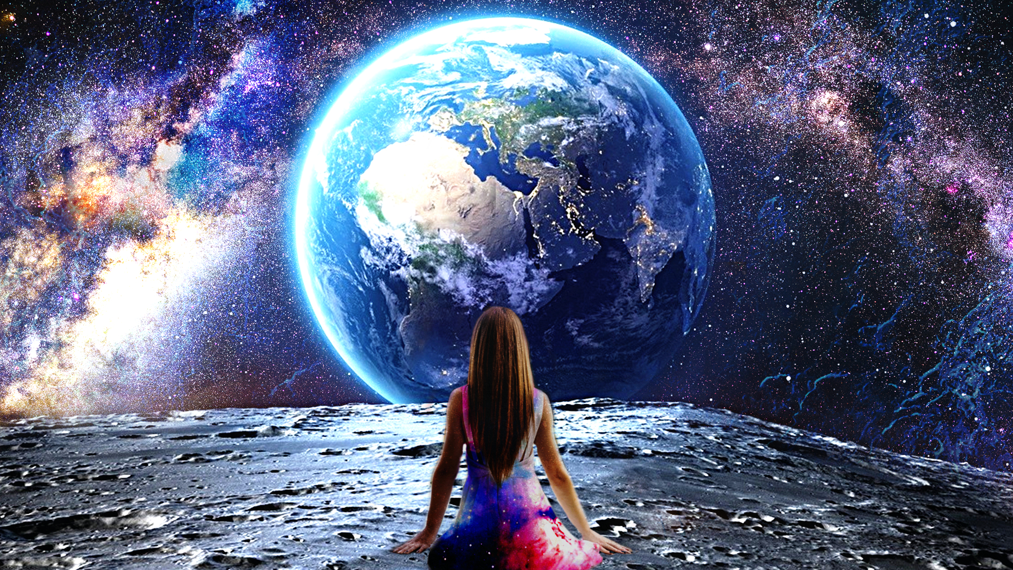 Скачать обои бесплатно Космос, Звезды, Луна, Земля, Женщины, Научная Фантастика картинка на рабочий стол ПК