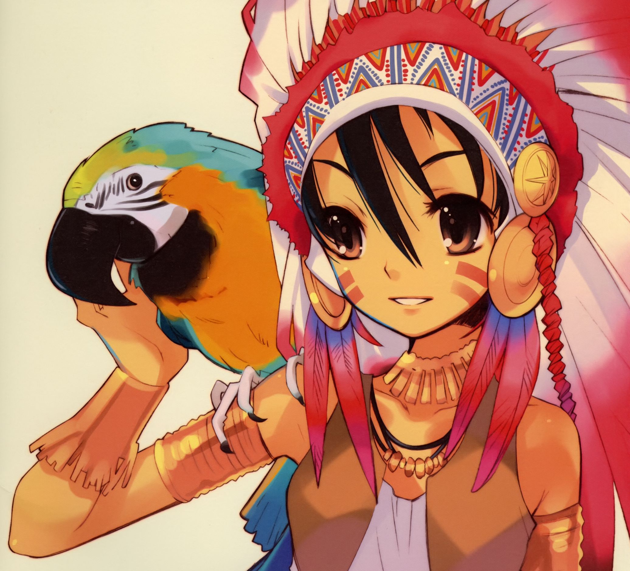 Download mobile wallpaper Anime, Headdress, Original, Parrot, Brown Eyes, Black Hair for free.