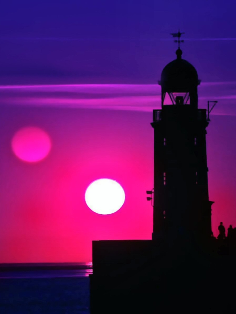 Download mobile wallpaper Sunset, Sky, Sea, Sun, Horizon, Lighthouse, Photography, Magenta for free.