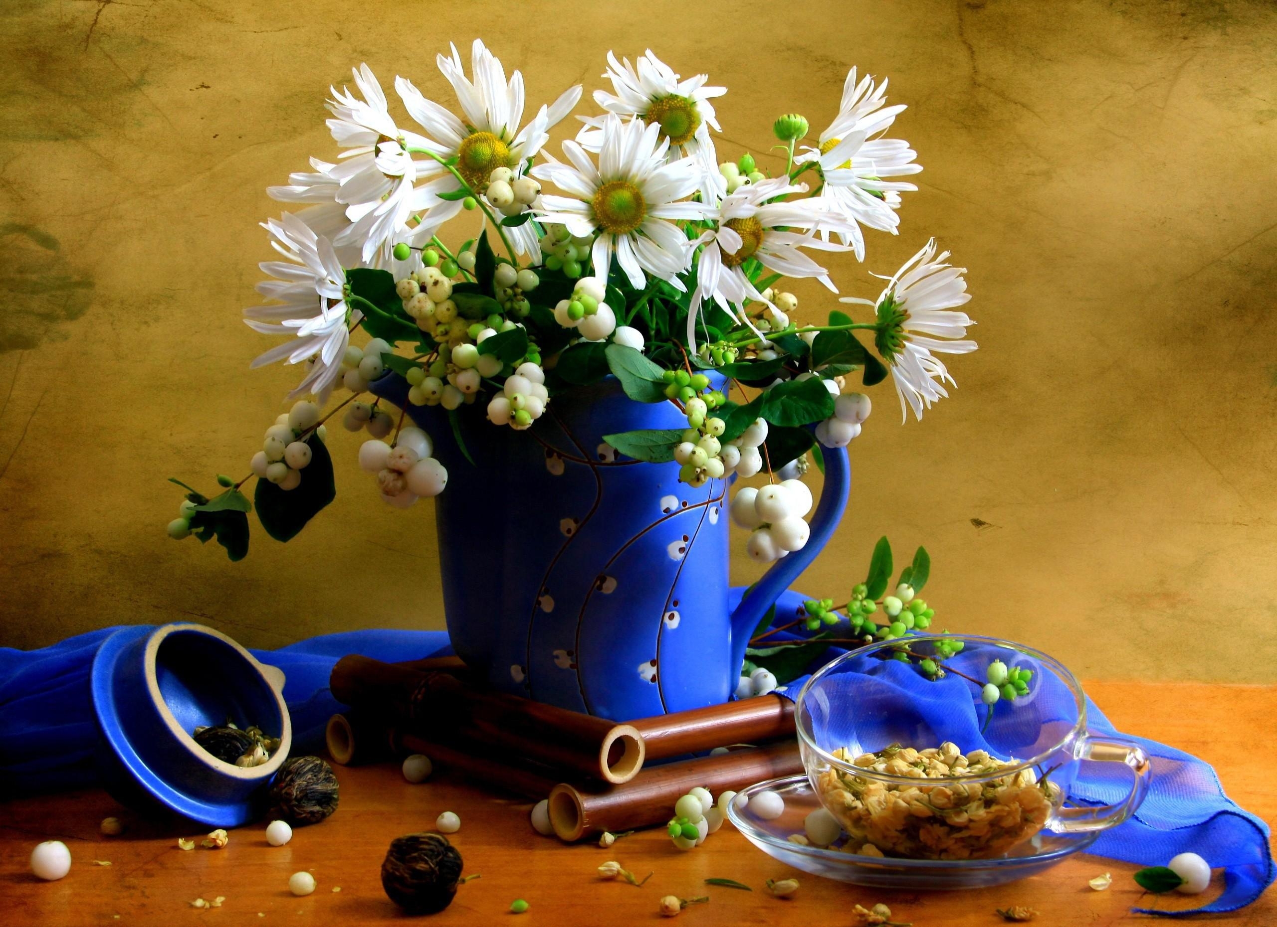 106002 завантажити картинку квіти, чай, ромашки, глечик, чашка, чаша, букет, шарф - шпалери і заставки безкоштовно