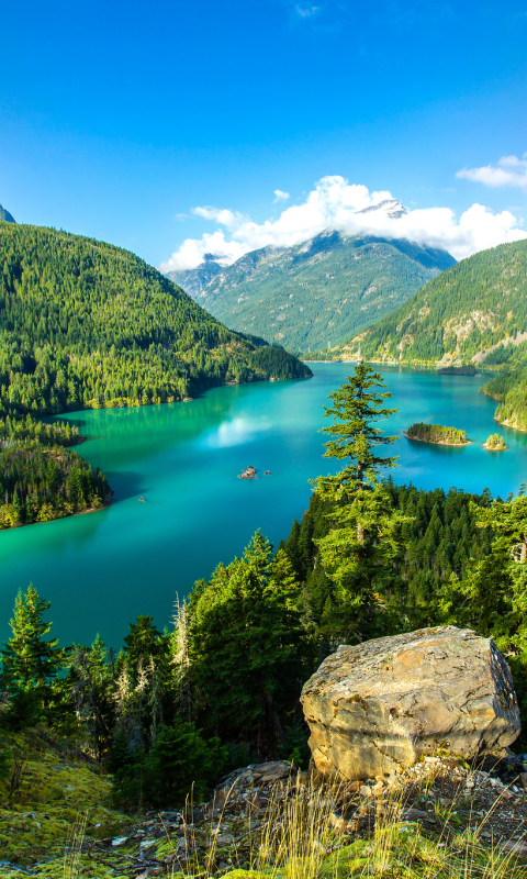 Download mobile wallpaper Landscape, Lakes, Mountain, Lake, Forest, Earth, Washington, Diablo Lake for free.