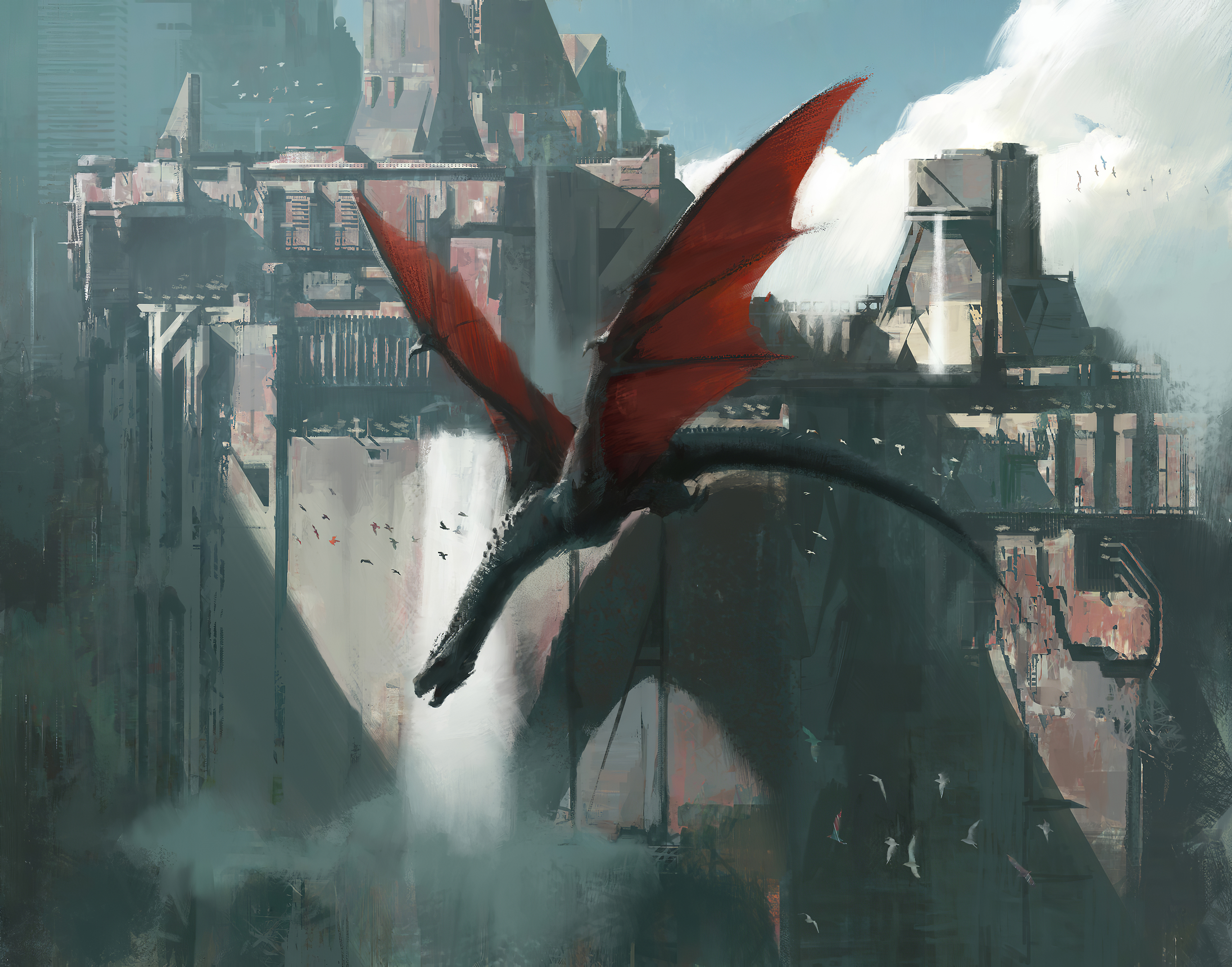 Free download wallpaper Fantasy, City, Dragon, Wyvern on your PC desktop