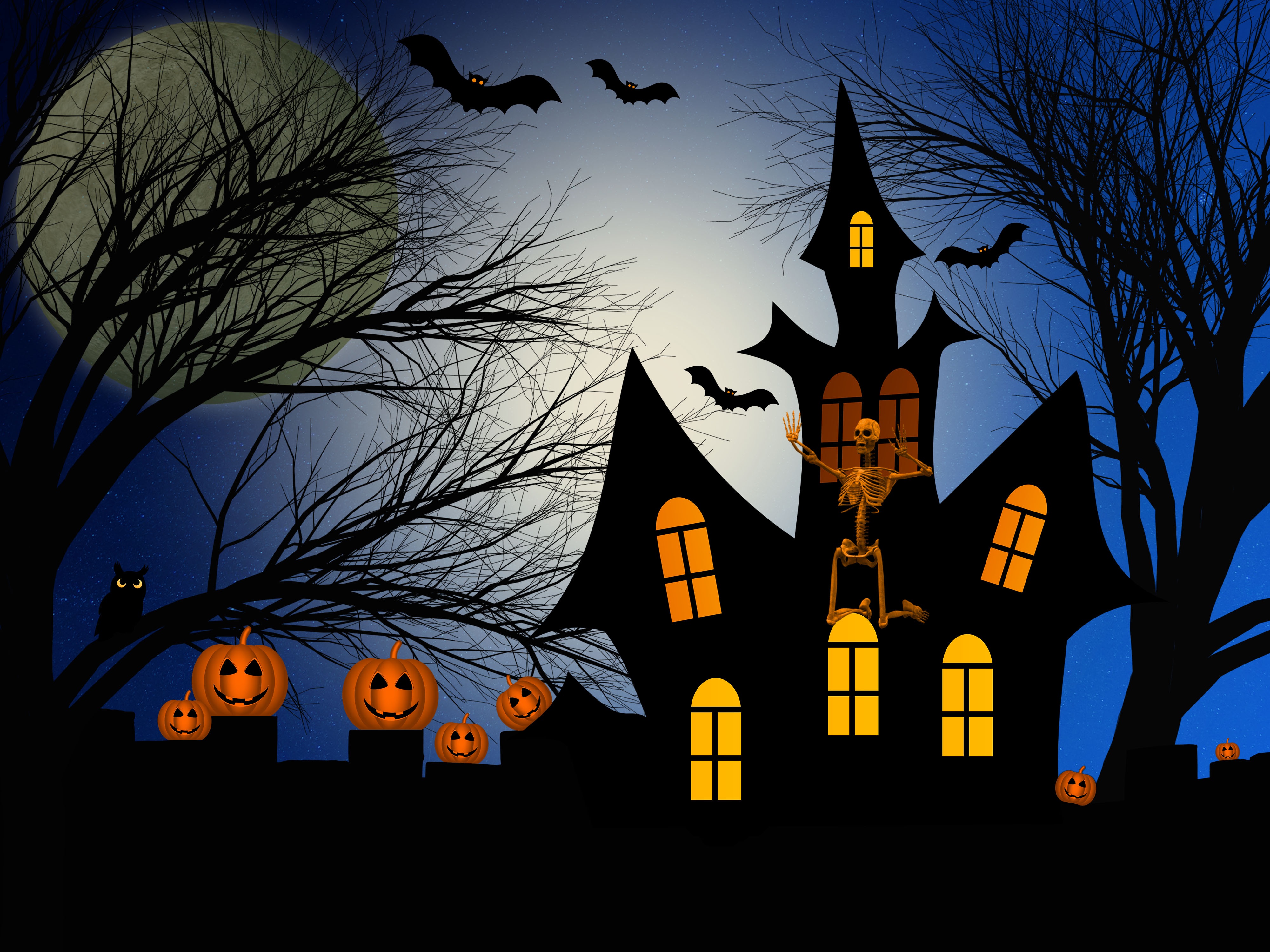 Laden Sie das Feiertage, Halloween, Dunkel, Haus, Skelett-Bild kostenlos auf Ihren PC-Desktop herunter