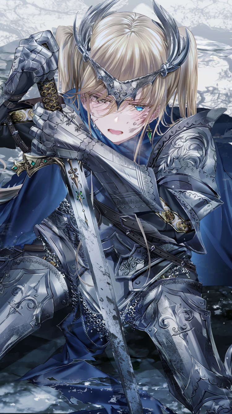 Download mobile wallpaper Anime, Girl, Blonde, Armor, Sword, Heterochromia, Woman Warrior, Crying for free.