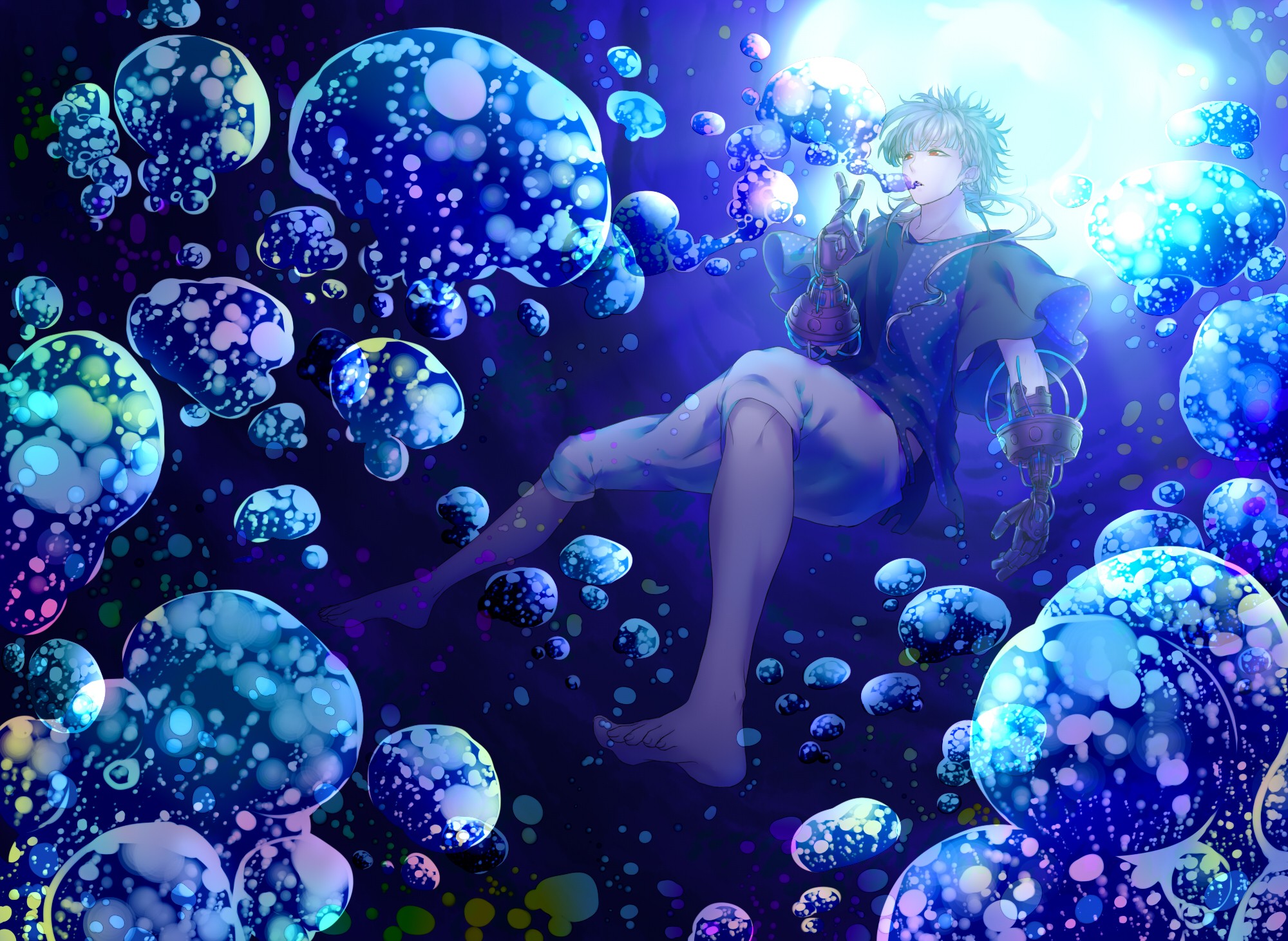Free download wallpaper Anime, Cyborg, Underwater, Bubble, Original, Blue Hair, Short Hair on your PC desktop