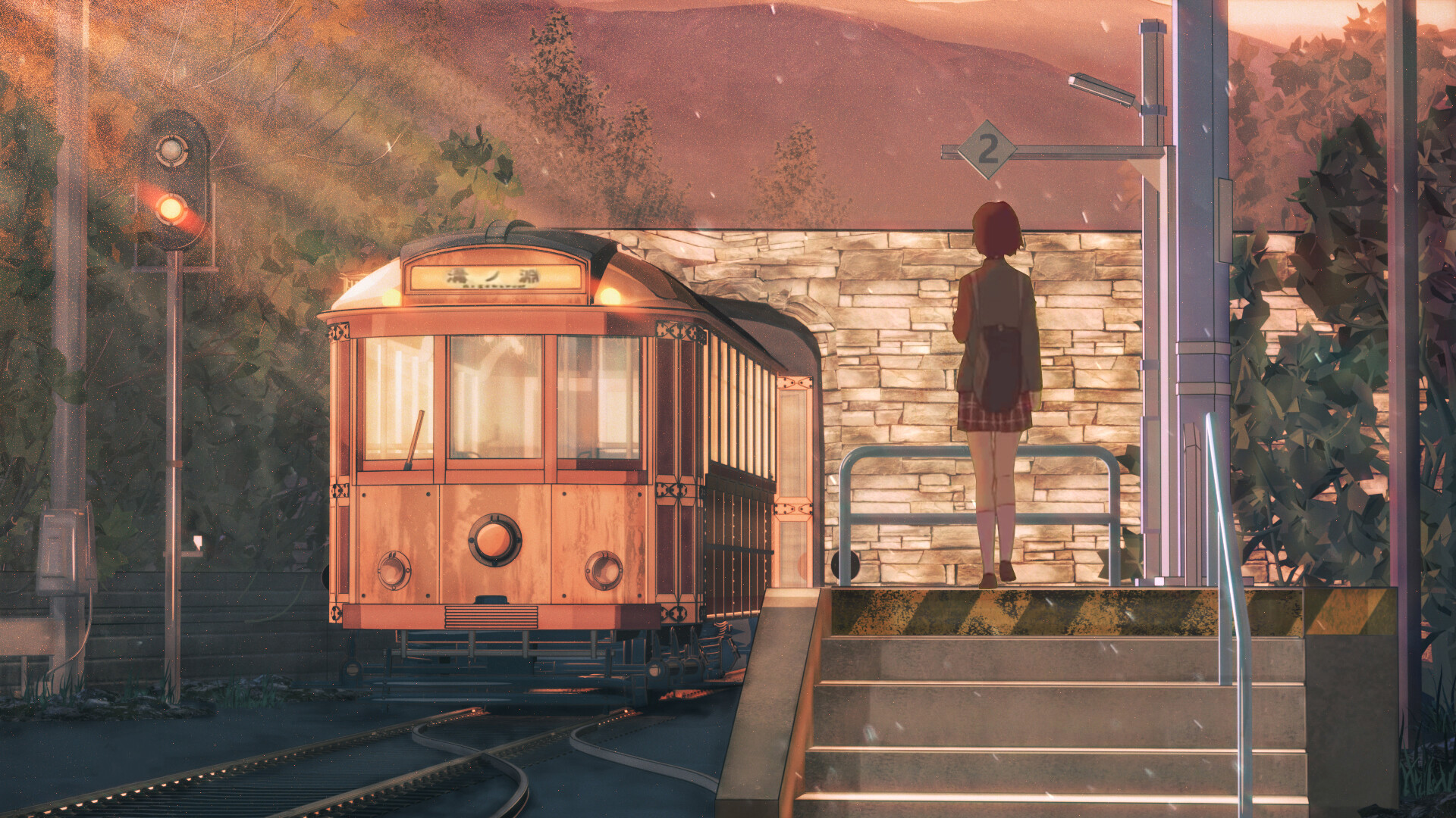 Скачать обои бесплатно Аниме, Девочка, Поезд, Железнодорожная Станция картинка на рабочий стол ПК