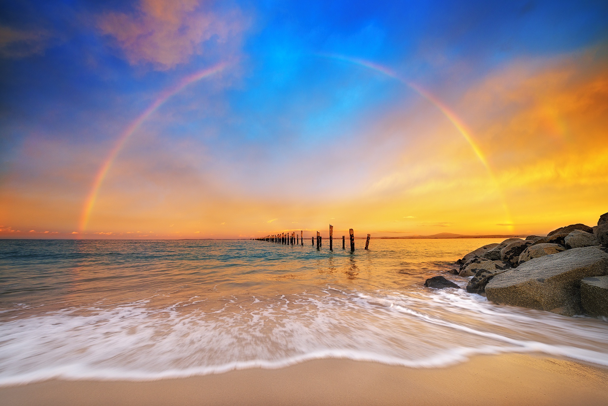 Download mobile wallpaper Nature, Sky, Rainbow, Horizon, Ocean, Earth for free.