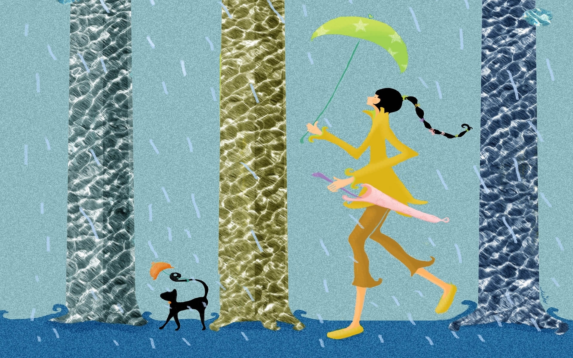 Laden Sie das Regen, Katze, Regenschirm, Frauen, Künstlerisch-Bild kostenlos auf Ihren PC-Desktop herunter