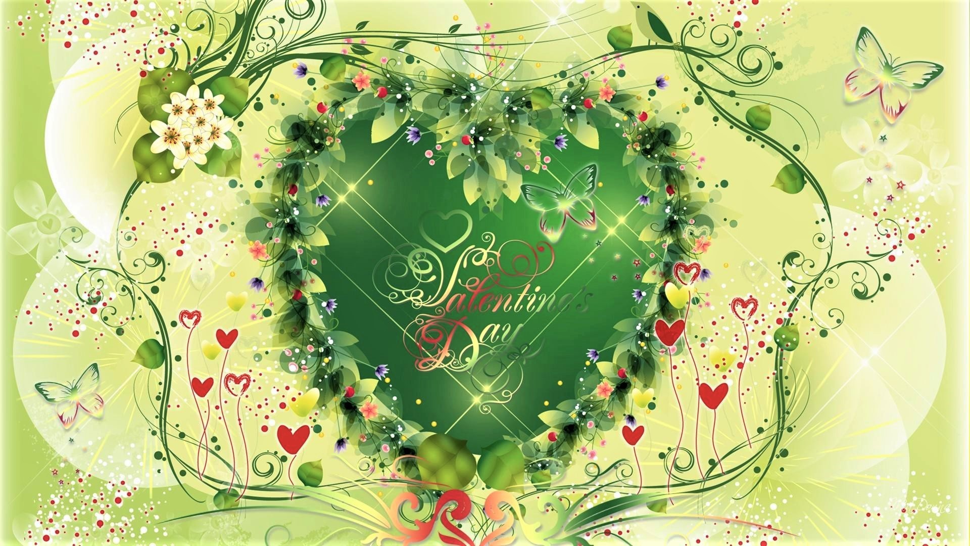 Скачать обои бесплатно Цветок, Бабочка, Зеленый, Сердце, День Святого Валентина, Праздничные картинка на рабочий стол ПК