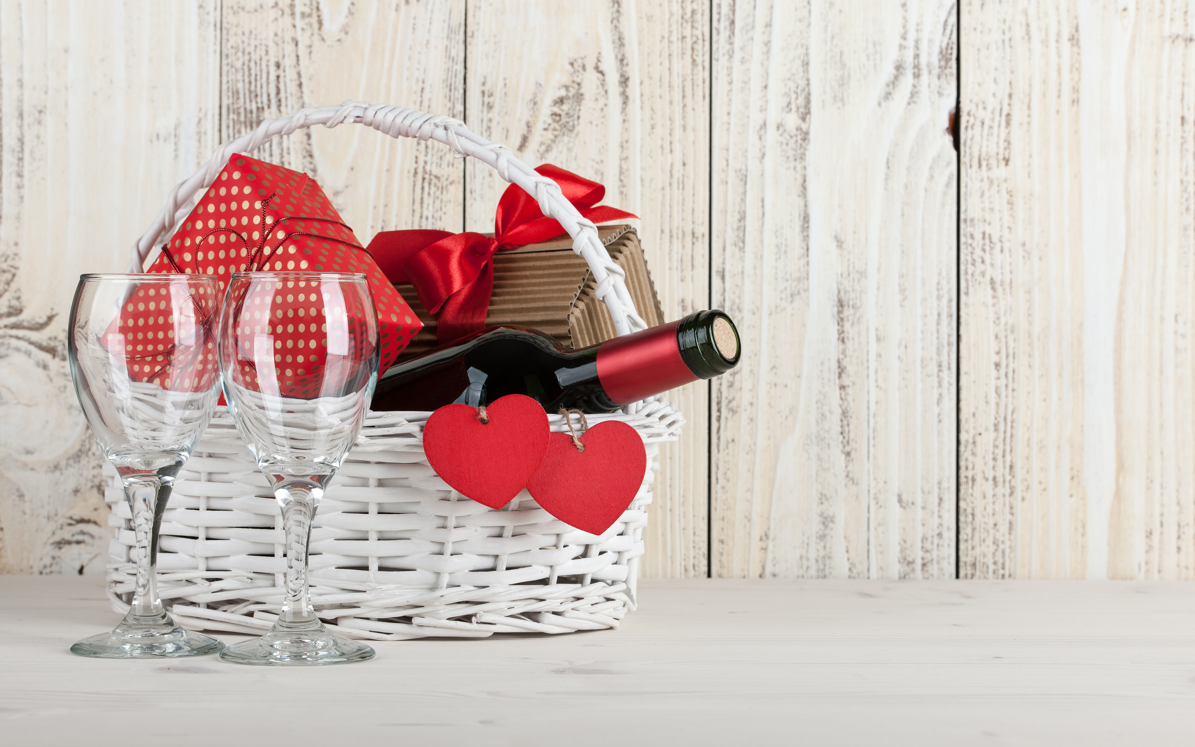 Download mobile wallpaper Valentine's Day, Holiday, Gift, Heart, Basket, Glasses, Wine for free.