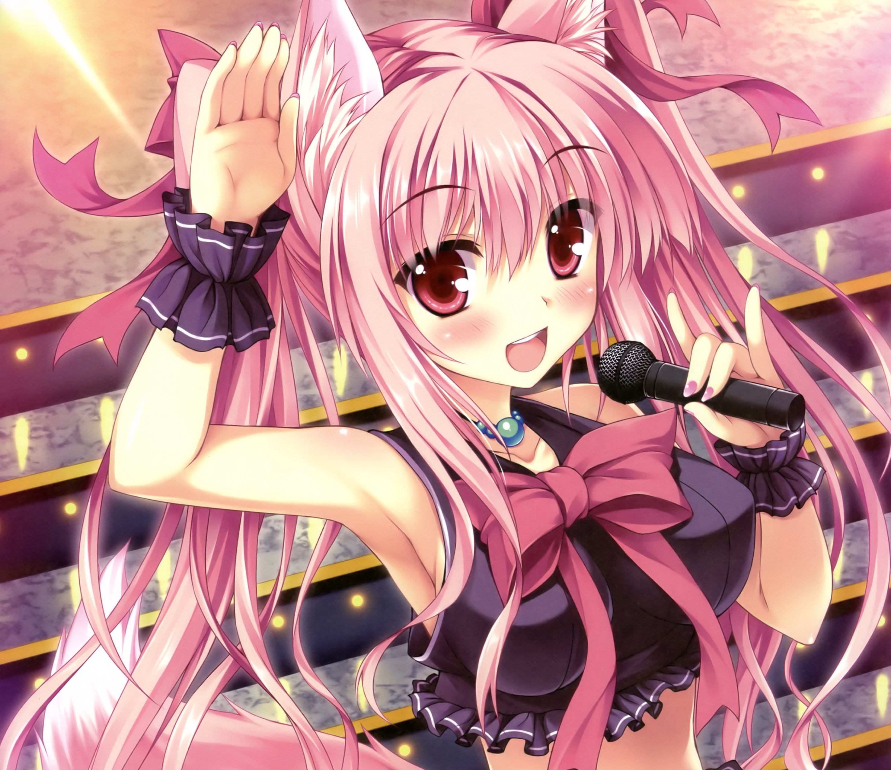 Download mobile wallpaper Music, Anime, Tail, Microphone, Blush, Long Hair, Bow (Clothing), Pink Eyes for free.