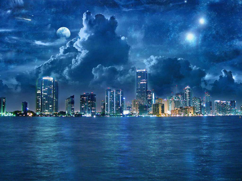 Download mobile wallpaper Water, Sky, Moon, City, Building, Light, Cloud, Man Made for free.