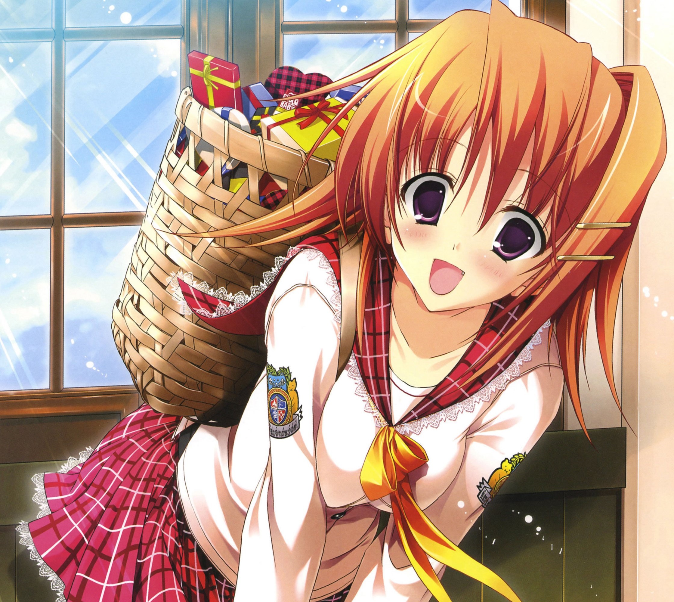 Download mobile wallpaper Anime, Smile, Gift, Original, Blush, Short Hair, Purple Eyes, Orange Hair for free.
