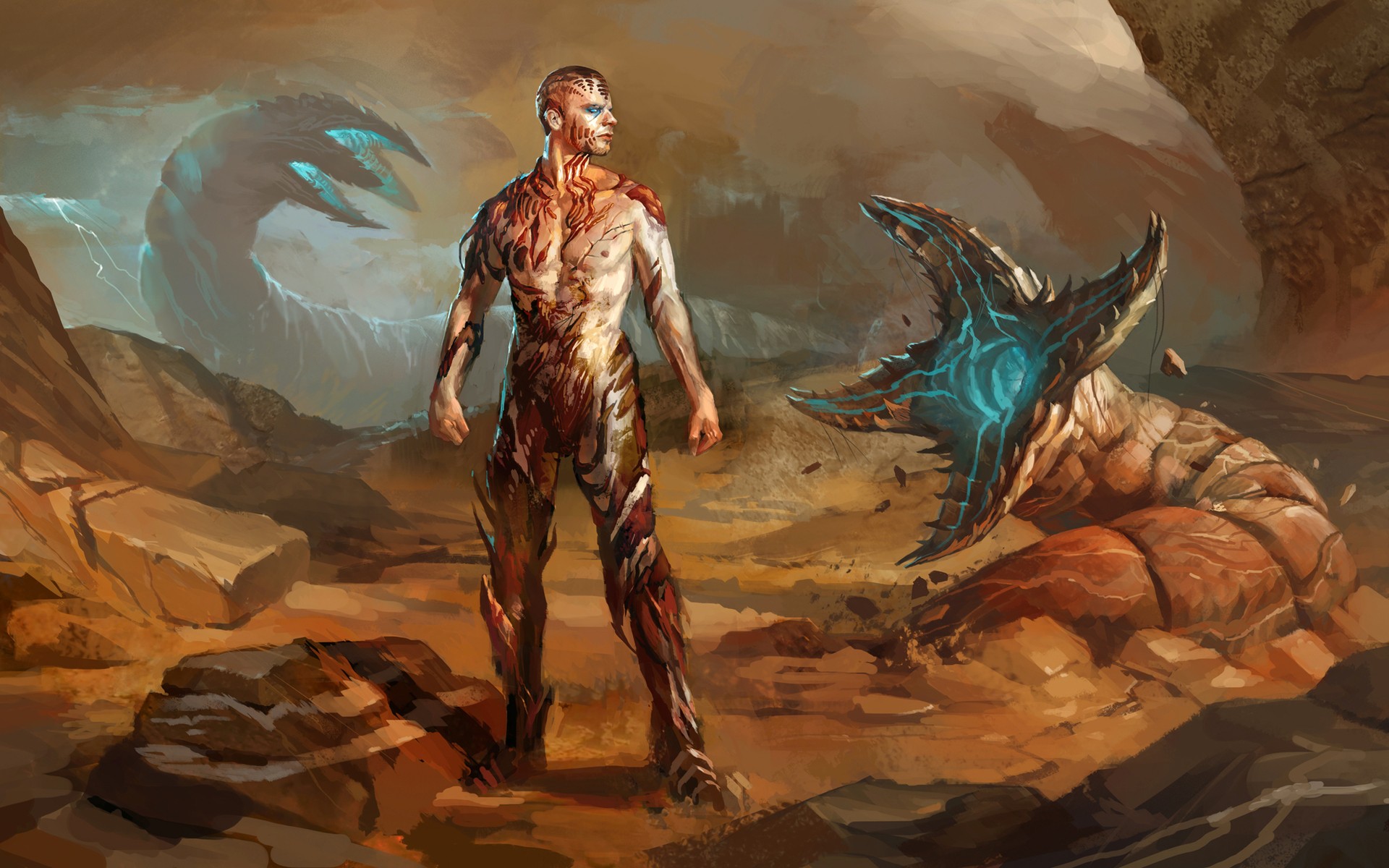 Download mobile wallpaper Landscape, People, Creature, Sci Fi, Monster for free.