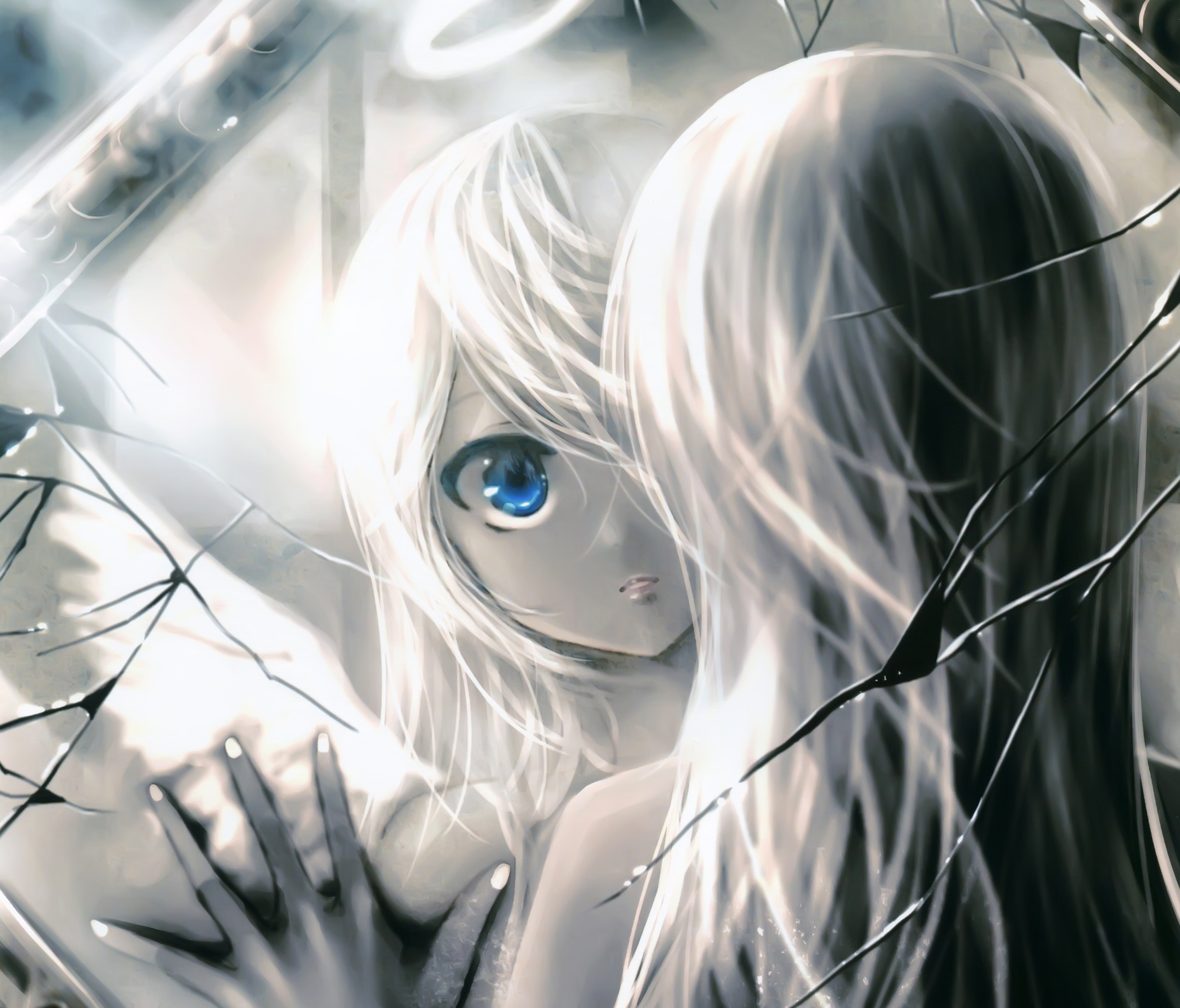 Download mobile wallpaper Anime, Mirror, Blue Eyes, Original, Long Hair, Grey Hair for free.