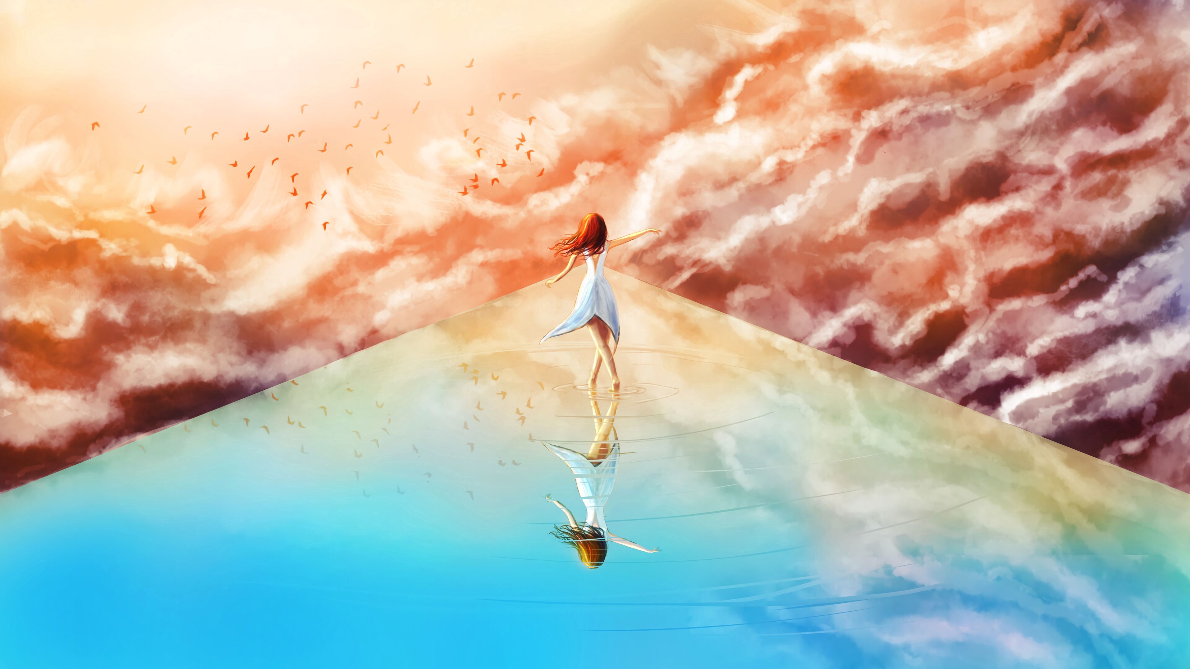 Download mobile wallpaper Clouds, Sky, Art, Birds, Girl for free.