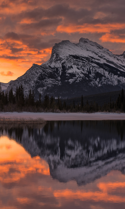 Download mobile wallpaper Winter, Sunset, Mountains, Snow, Mountain, Lake, Reflection, Earth for free.