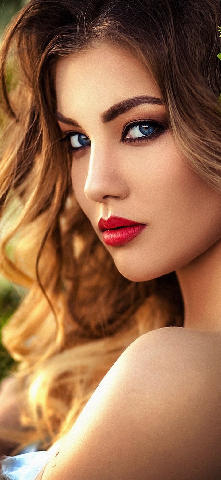 Download mobile wallpaper Mood, Face, Brunette, Model, Women, Blue Eyes, Lipstick for free.