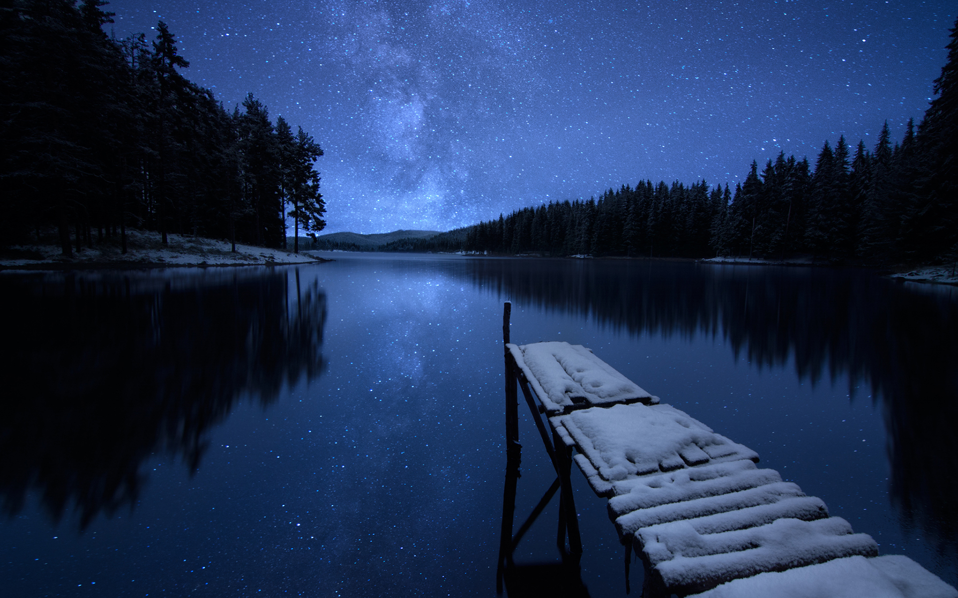 night, winter, earth, lake, dock, nature, reflection, sky, snow, starry sky, lakes